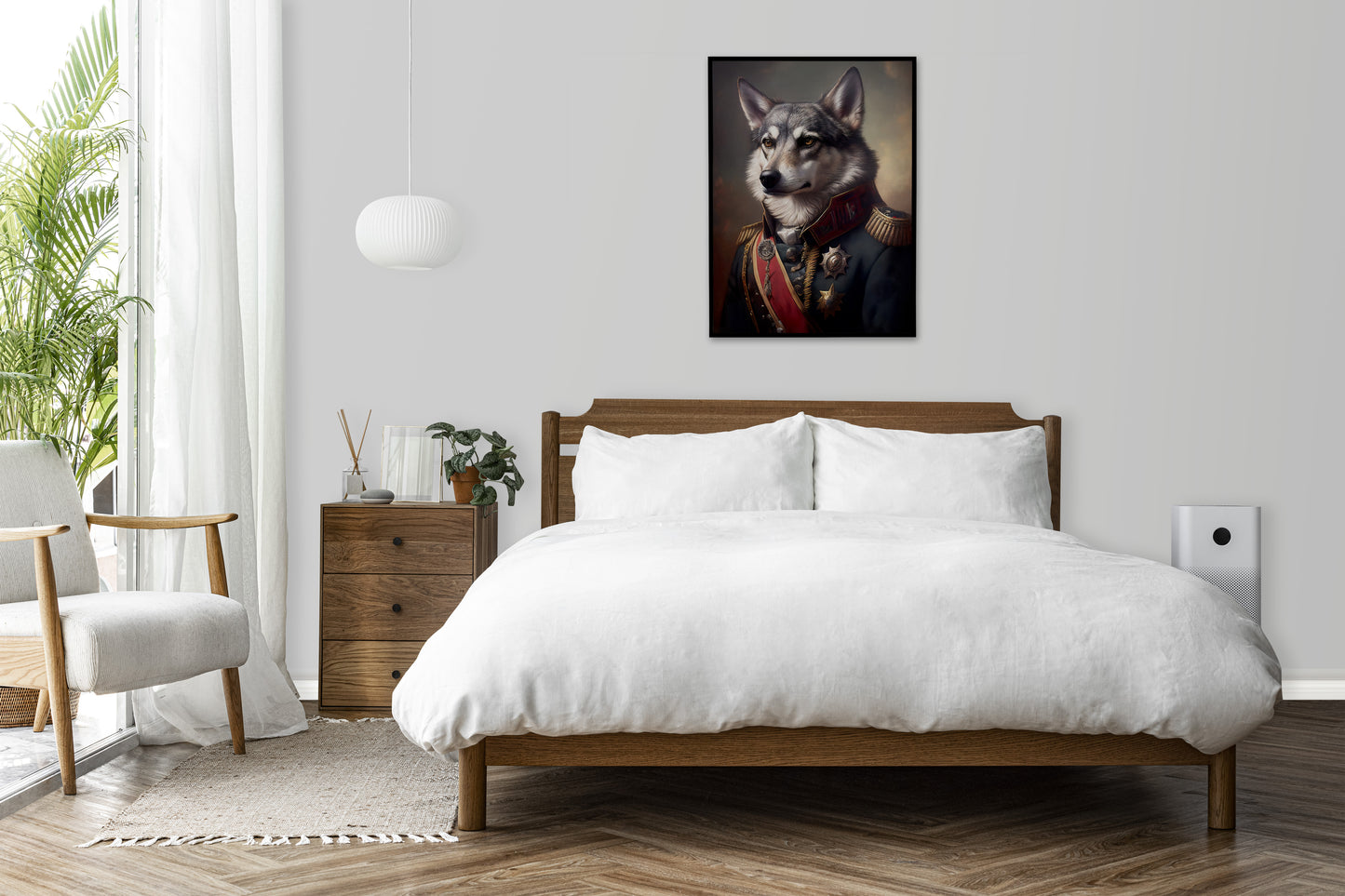 Gray Wolf in Military Uniform Poster – Unique Animal Wall Art, Premium Wolf Wall Decoration