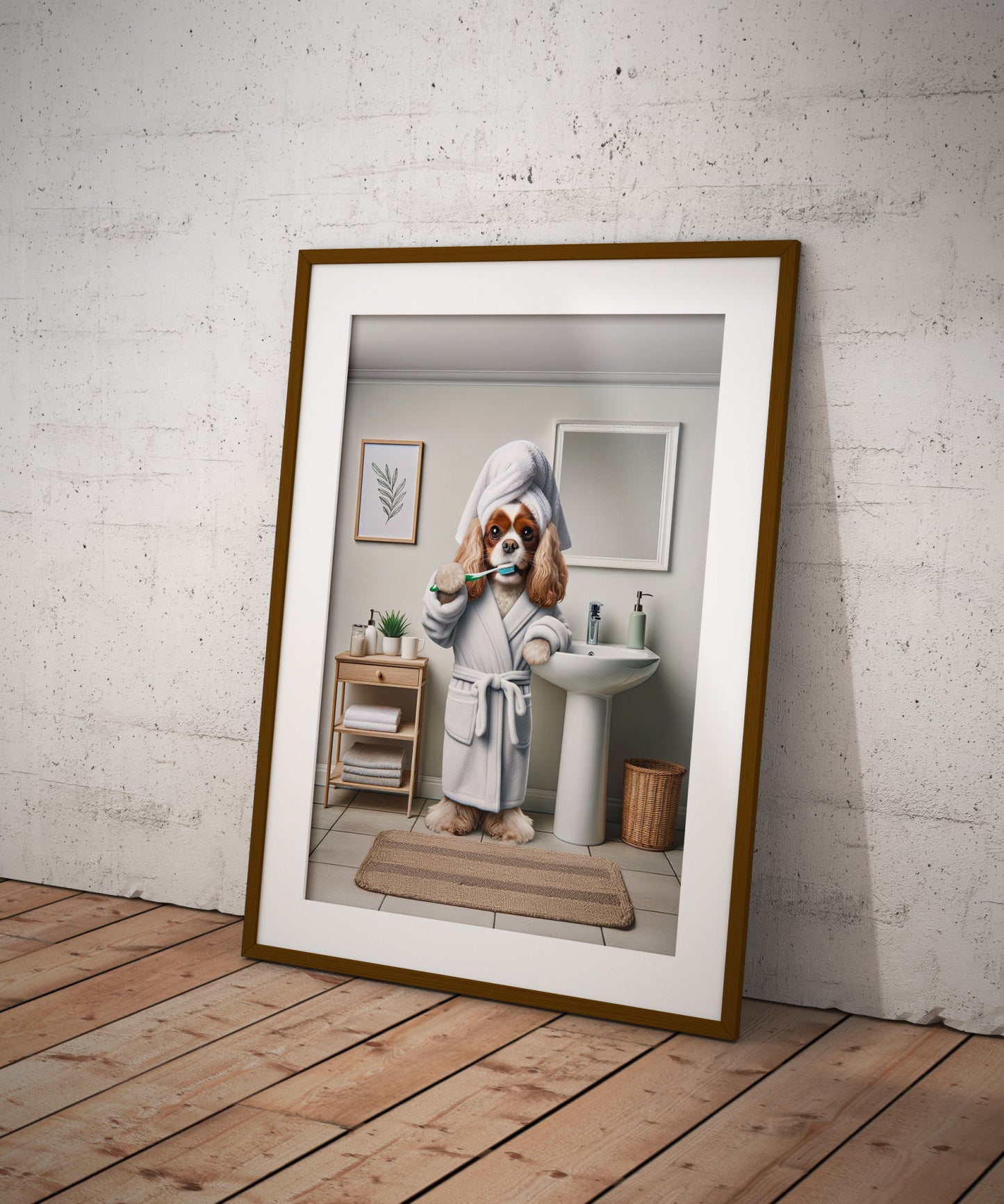 Portrait of a Cavalier King Charles Spaniel Brushing Teeth in Bathrobe – Funny Dog Bathroom Decor, Cute Poster, Gag Gift, Framed art
