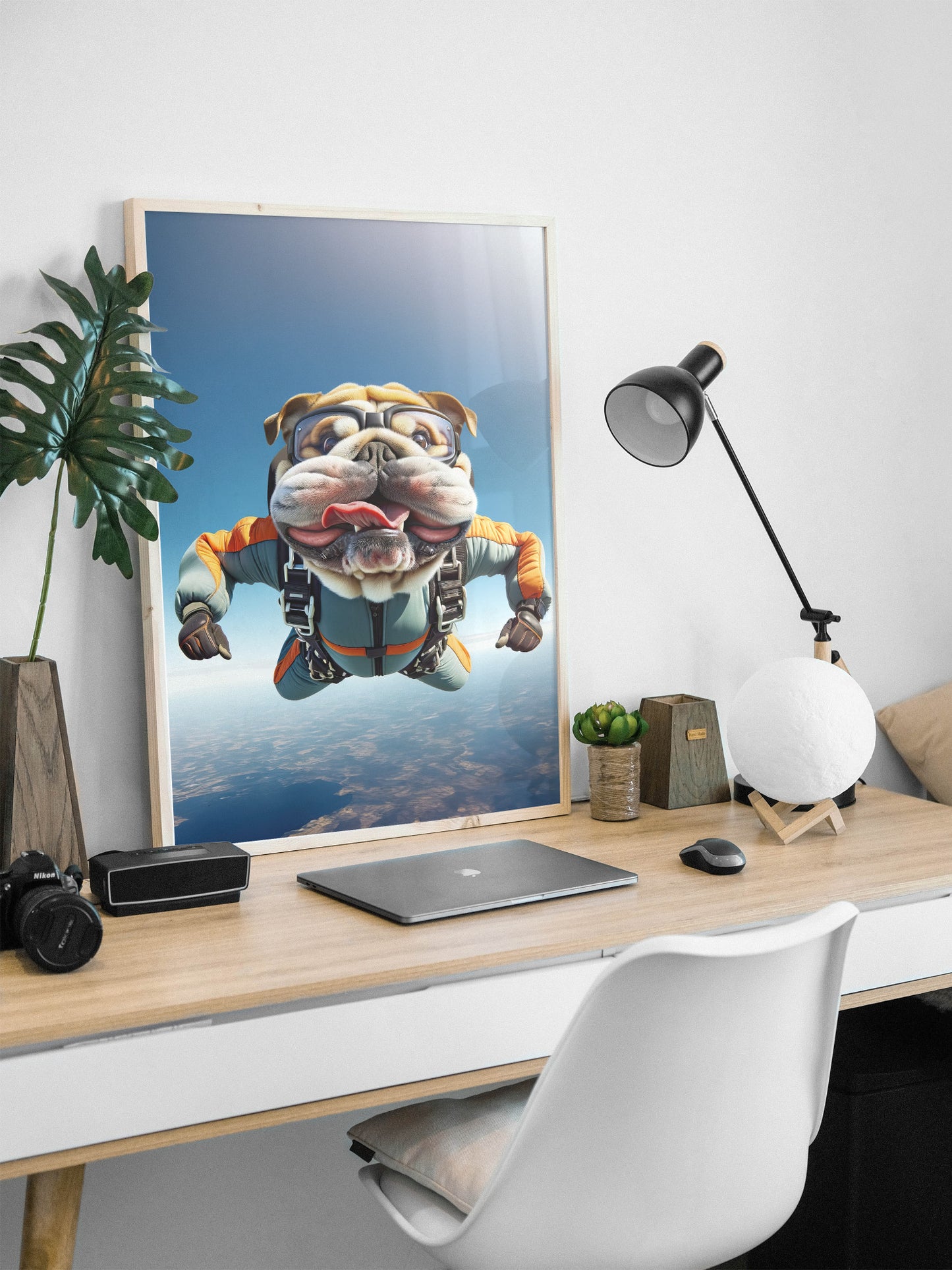 Affiche murale Bulldog Anglais en chute libre, Poster Saut en Parachute, Décor Animal Skydiving, Idée cadeau unique