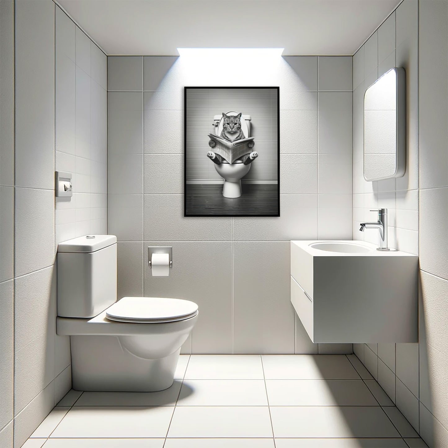 Cat Reading on Toilet Poster - Black & White Bathroom Wall Art | Fun WC Decor | Funny Gift for Cat Lovers