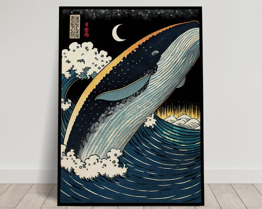 Japanese Whale at Night Wall Poster - Ukiyo-e Style Illustration, Wall Art, Home Decor, Japanese Print Poster
