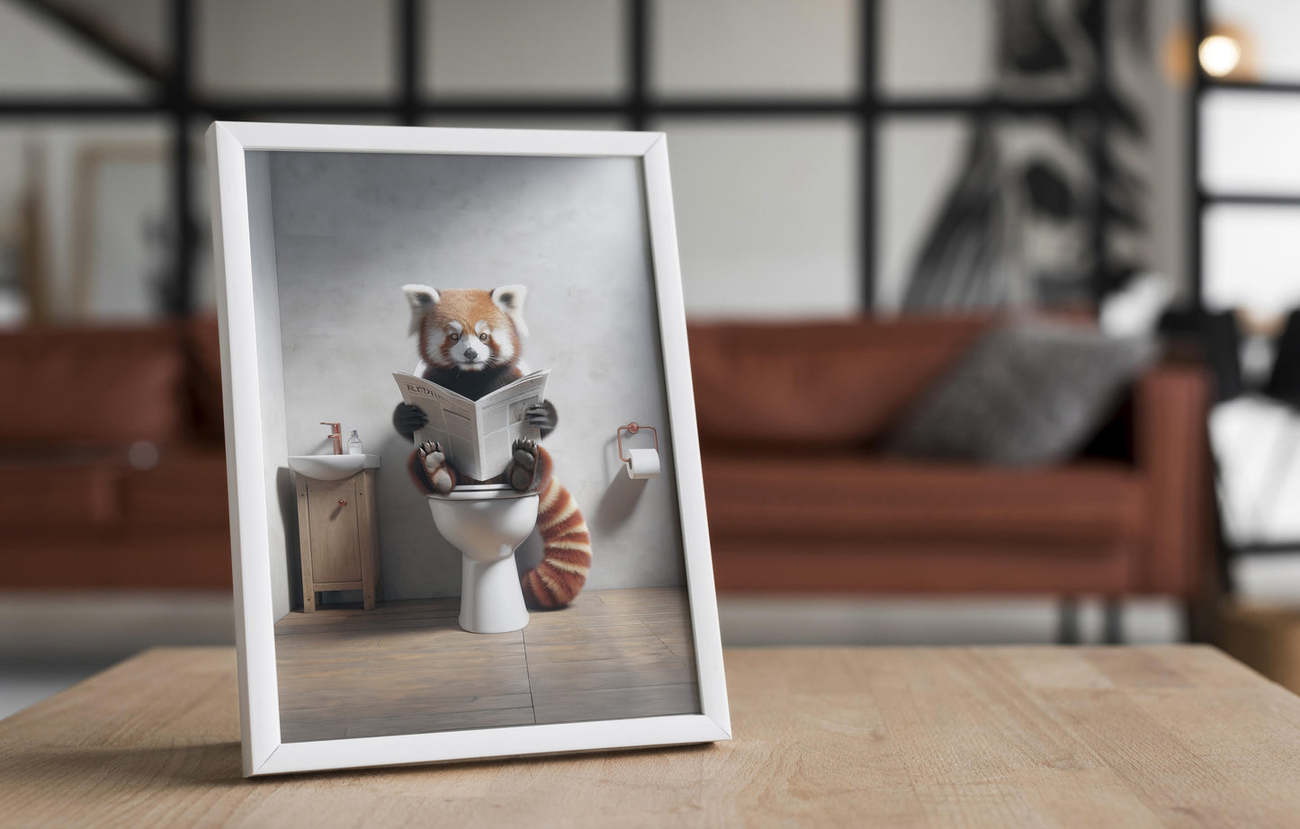 Poster Panda roux lisant le journal, Décoration Toilettes Humour, Cadre déco fun, Cadeau original Salle de bain