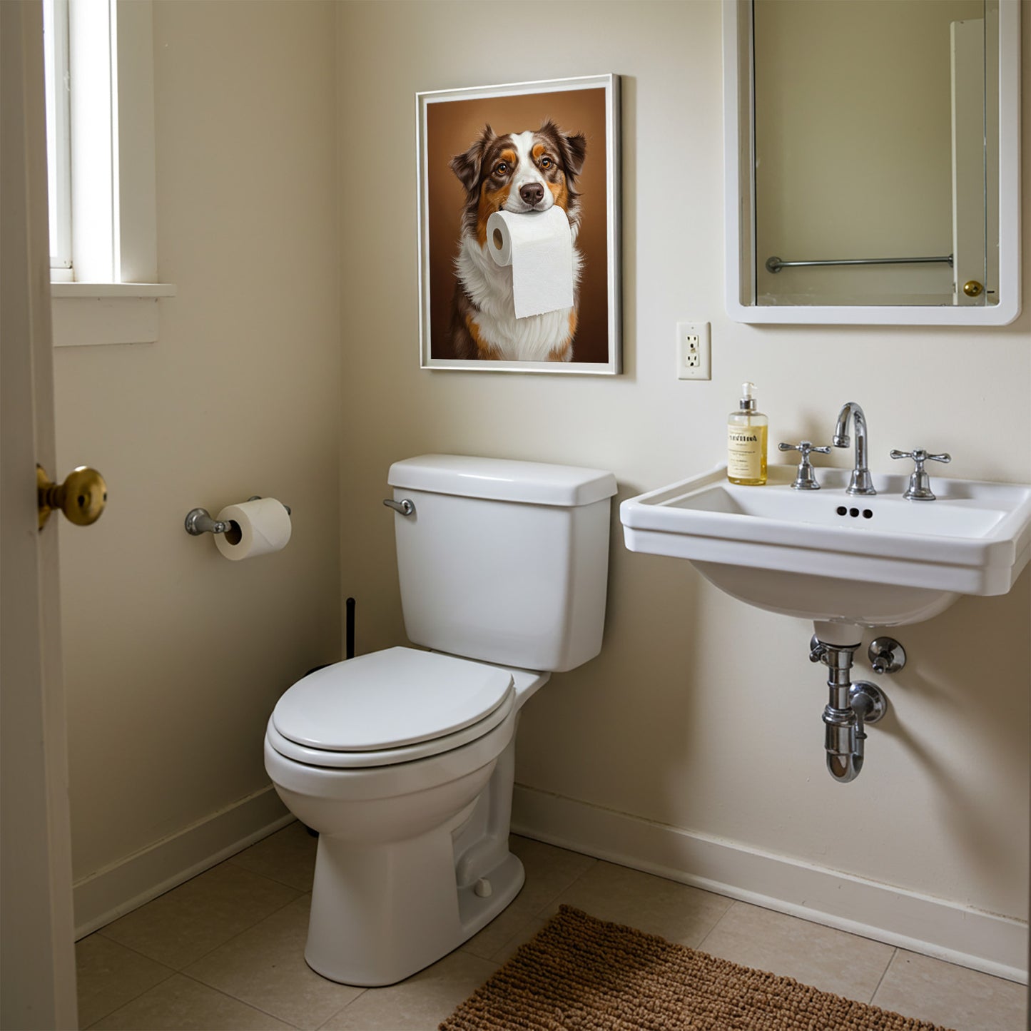 Berger australien mordant un rouleau de papier toilette, Humour Toilettes, WC, Cadeau Berger australien, Affiche encadrée, Poster chien