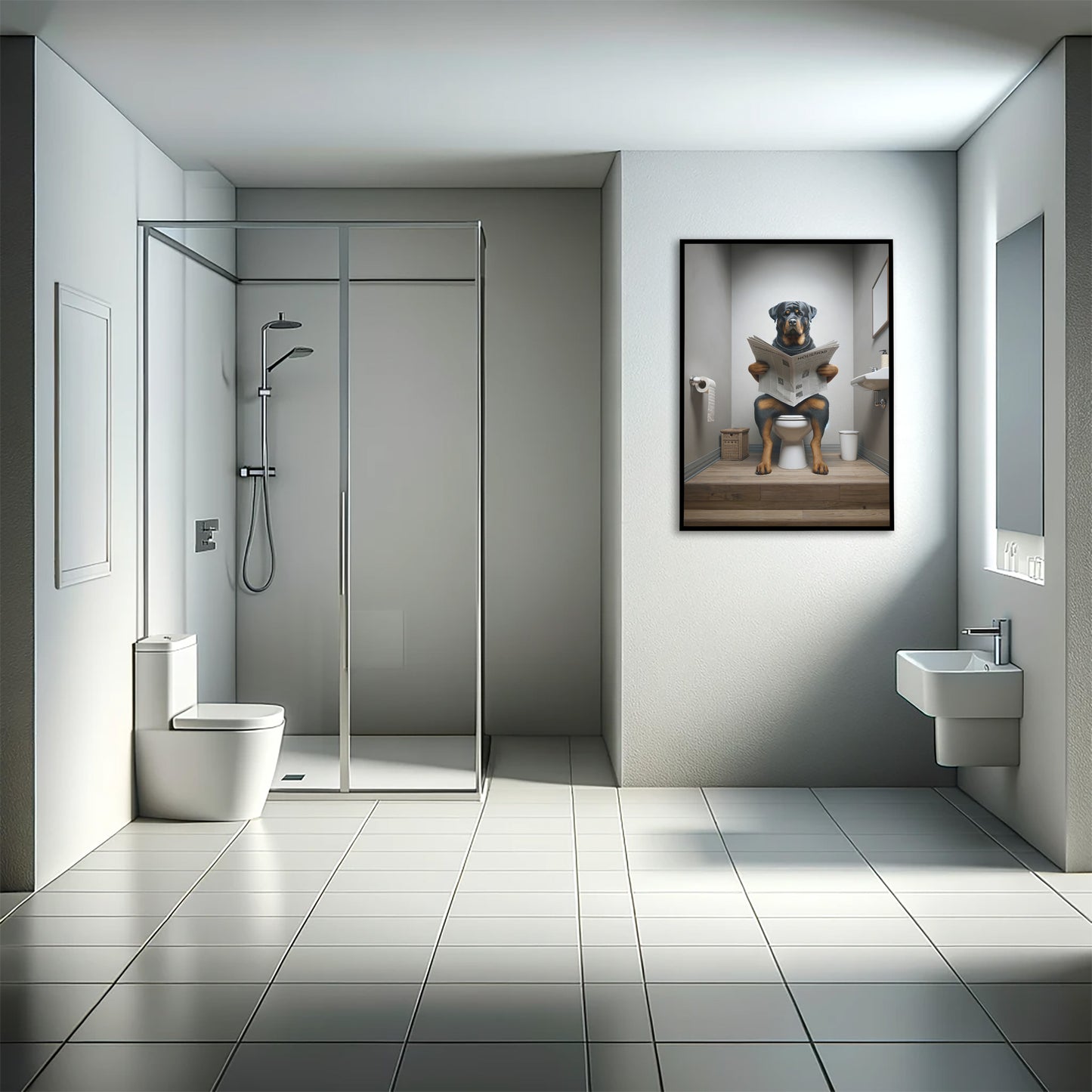 Rottweiler on Toilet Reading Newspaper Poster - Fun Bathroom Wall Art, Unique WC Decor, Humorous Gift