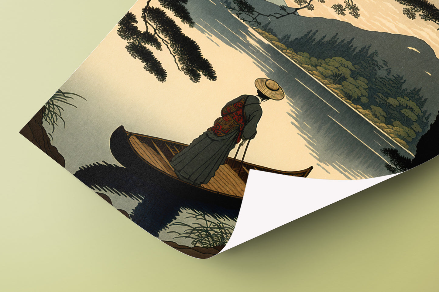 Japanese Lake Poster - Ukiyo-e Style Boat Ride Illustration, Traditional Japanese Art Print for Wall Decor
