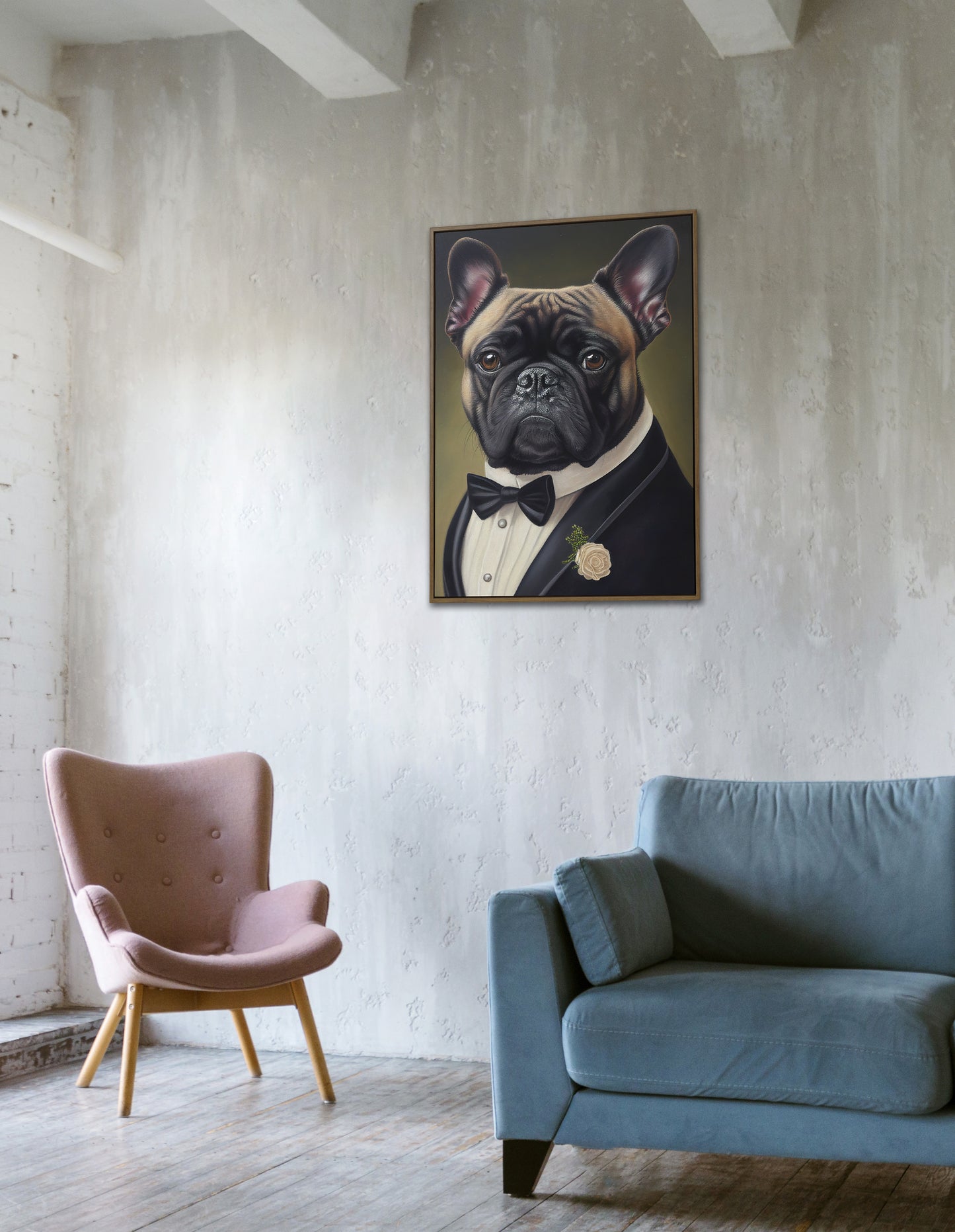 Chic French Bulldog Poster in Tuxedo - Humorous Wall Art Print - Elegant Dog Portrait Decor