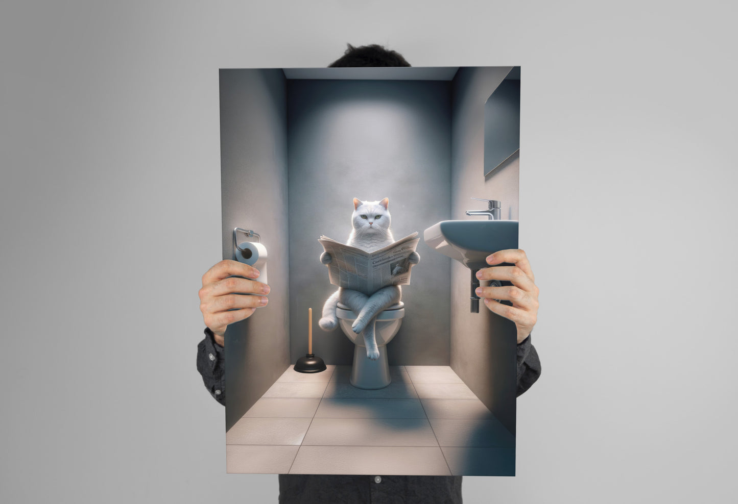 "Funny Bathroom Wall Art: White British Shorthair Cat Poster – Unique WC Toilet Decor & Gag Gift"