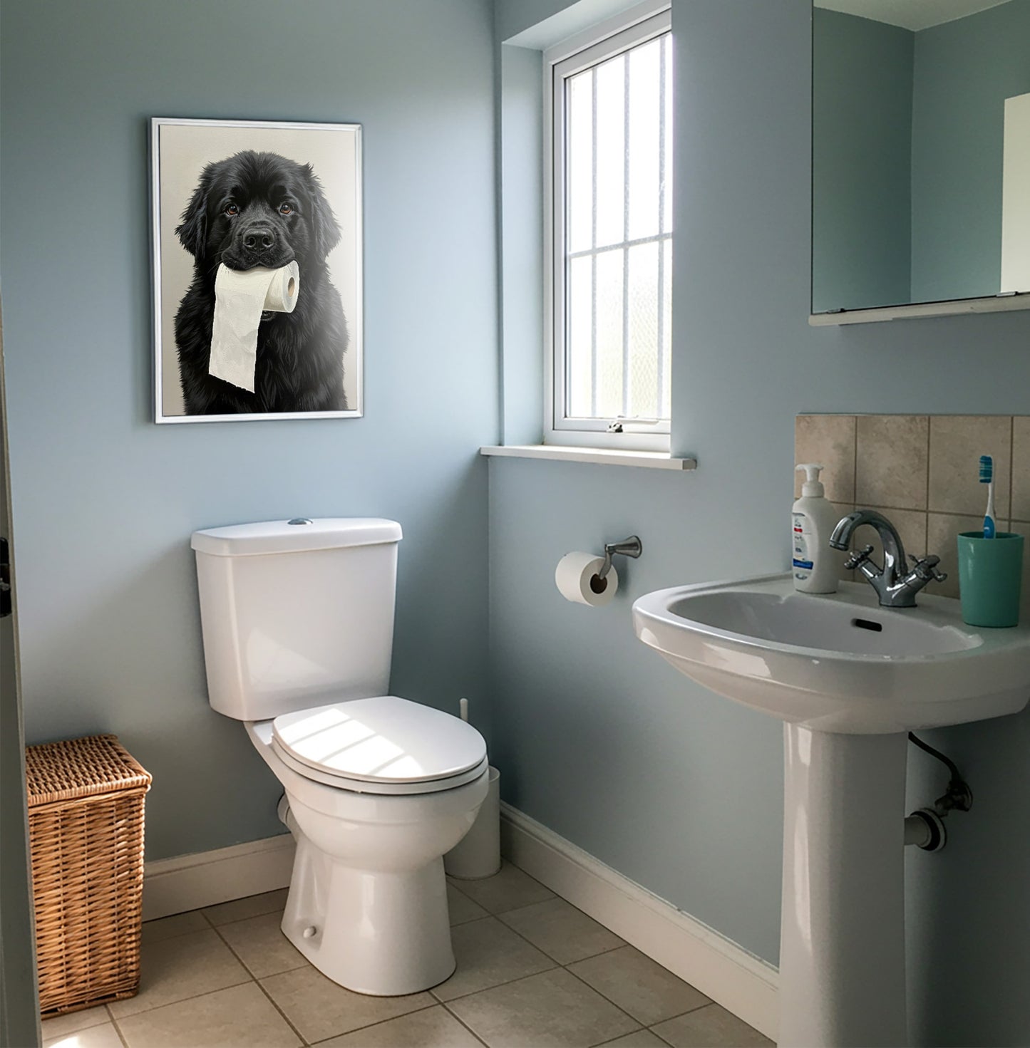 Newfoundland with toilet paper roll in mouth, Toilet Humor, Black Newfie Gifts, Bathroom Print, Dog Lover Gift, WC Wall Art, Framed Print