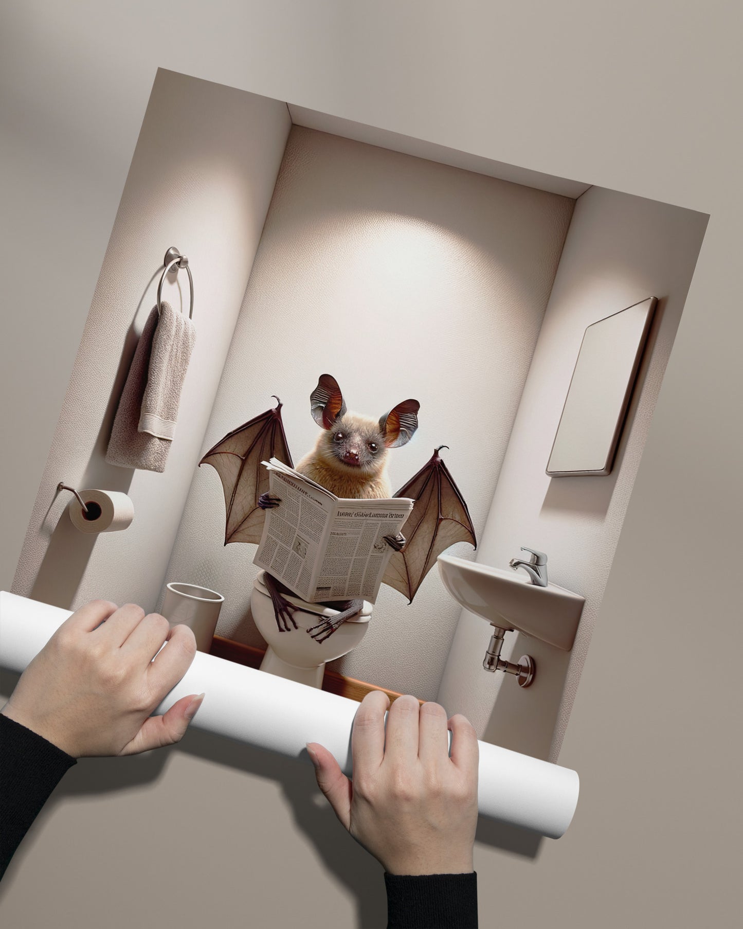 Affiche Humour Chauve-Souris lisant le Journal aux Toilettes, Déco Salle de Bain, Poster Drôle Cadeau Original