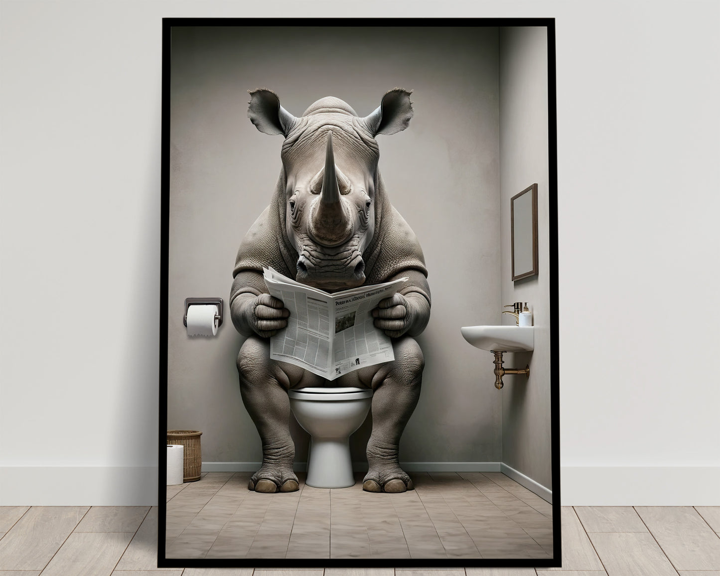 Poster d'un Rhinocéros lisant le journal sur les toilettes, Humour WC, Déco Salle de Bain, Art Mural Fun, Cadeau Original