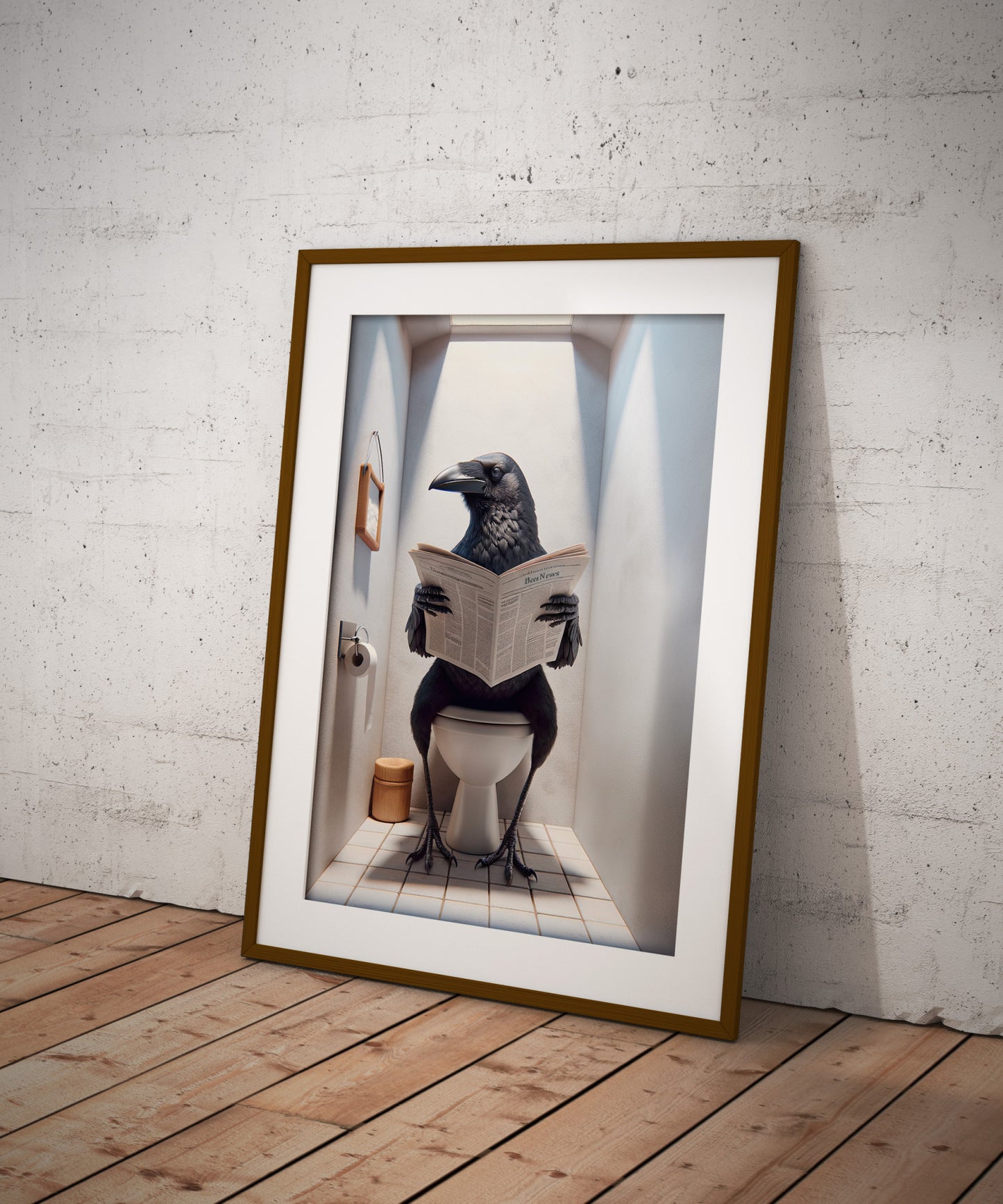 Poster Humour Corneille lisant le journal sur toilettes, Décoration Salle de Bain, Cadeau Amusant, Art Mural WC