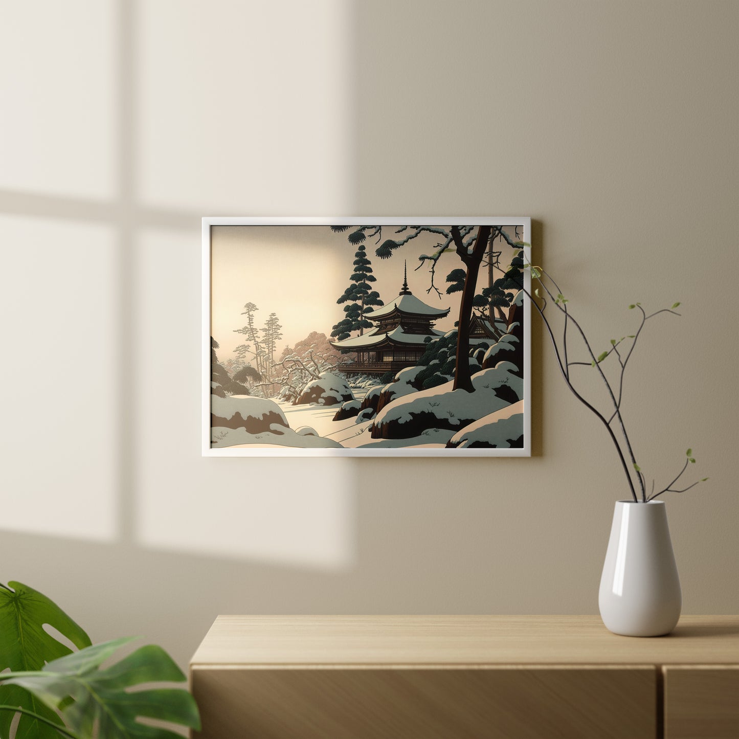 Poster Temple Japonais sous la Neige, Décoration Murale, Illustration Art Japonais, Paysage Montagne à Encadrer