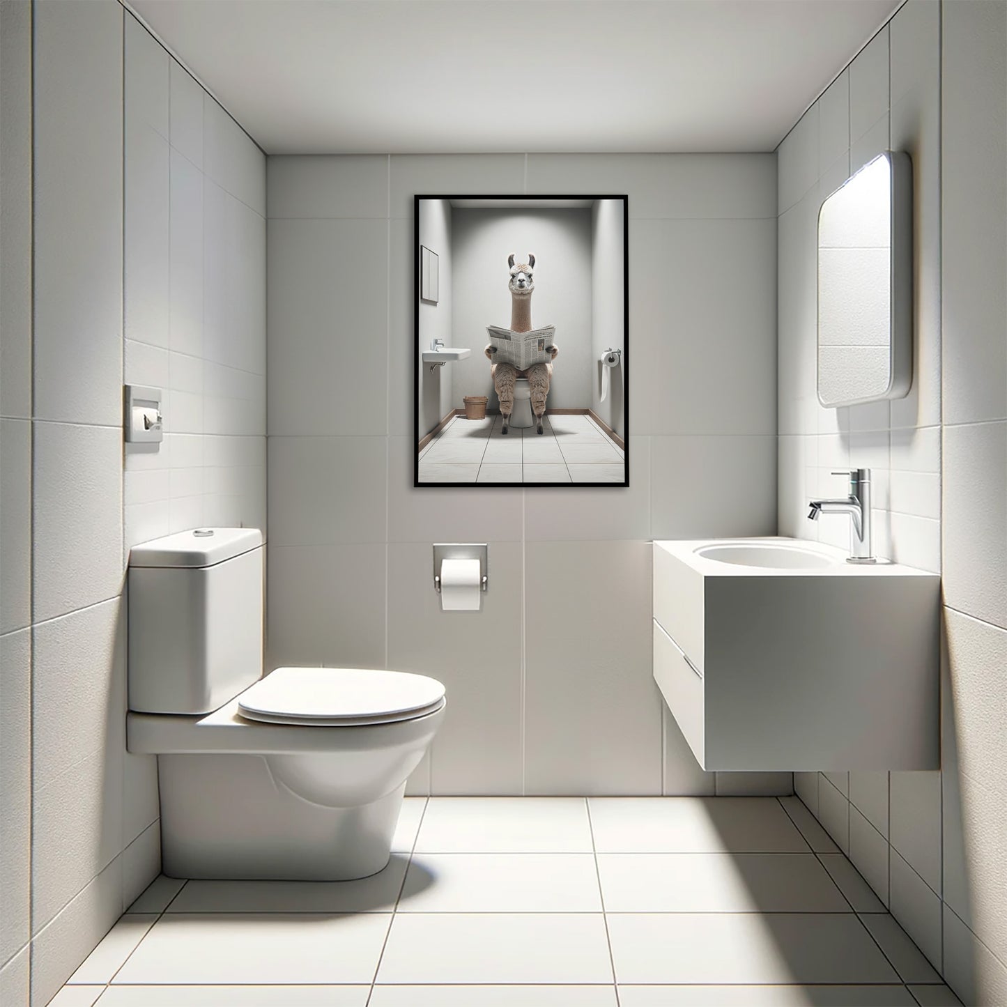 Funny Alpaca on Toilet Reading Newspaper Poster - Unique Bathroom Wall Art Decor - Humorous WC Gift