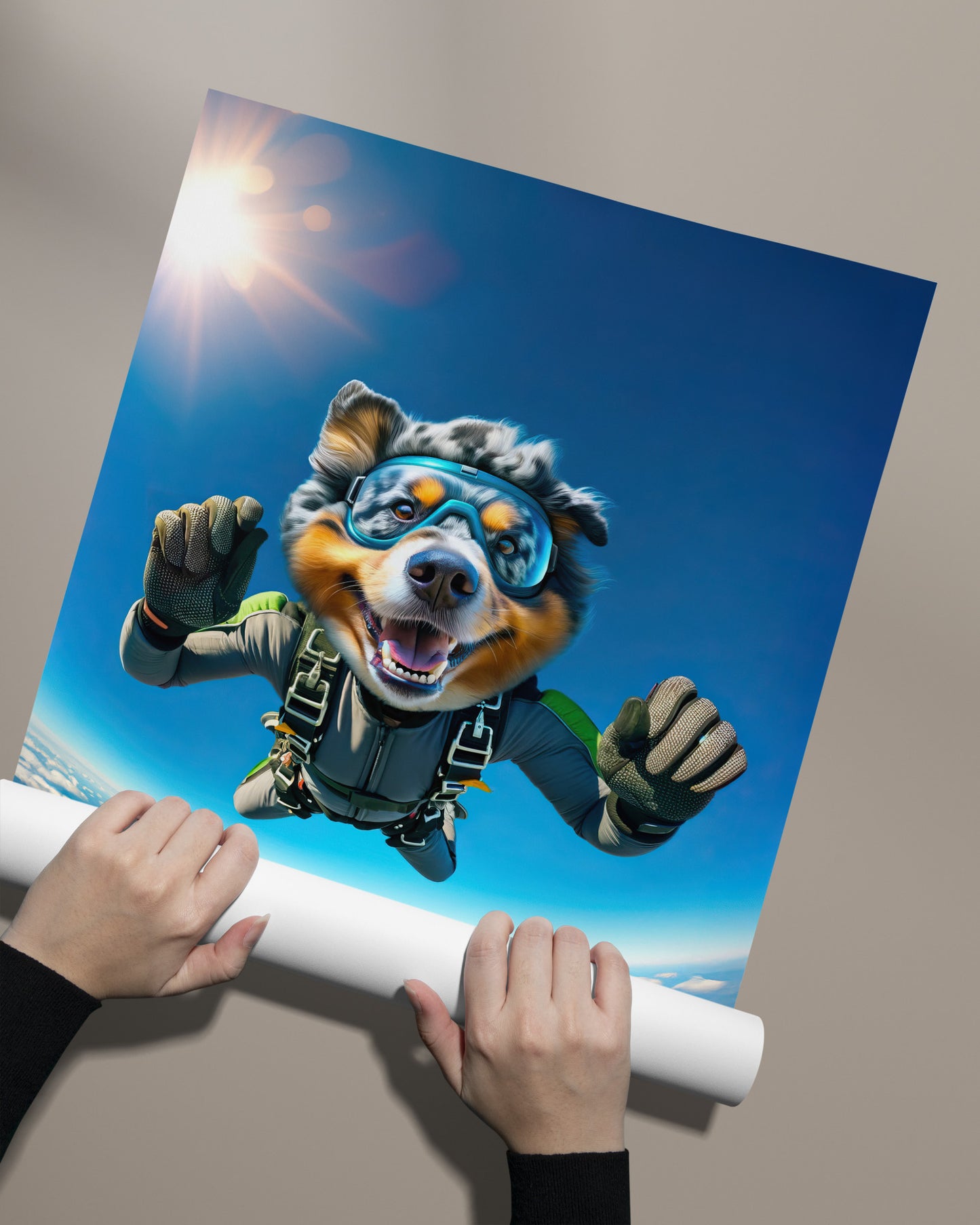 Australian Shepherd Skydiving Poster - Epic Animal Wall Art, Free Fall Dog Print, Extreme Sport Decor, Unique Dog Lover Gift