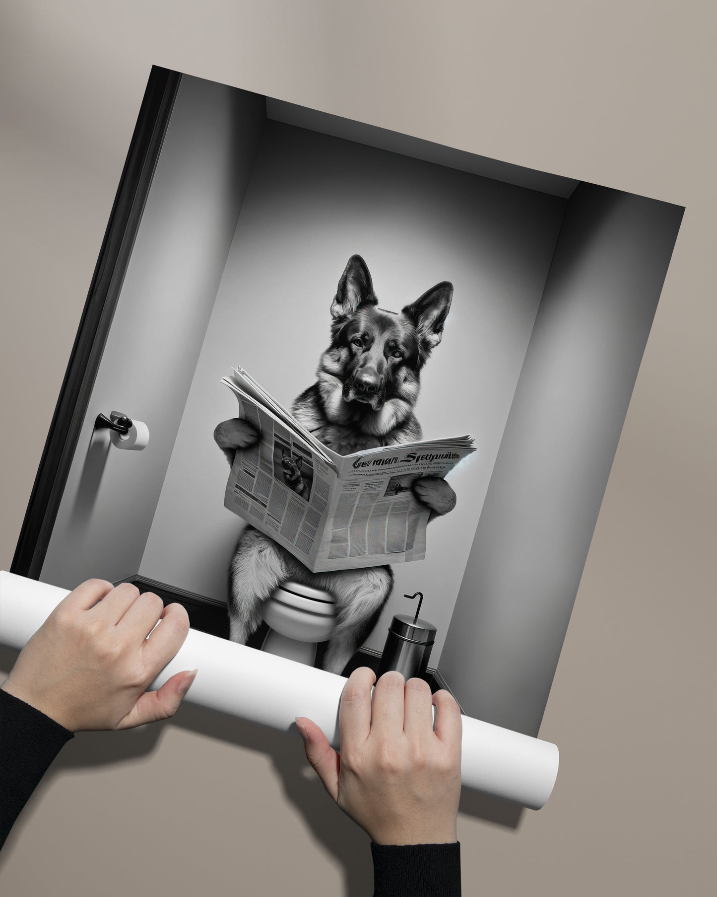"German Shepherd Reading on Toilet Poster - Black & White Bathroom Wall Art - Fun WC Decor - Unique Gift"