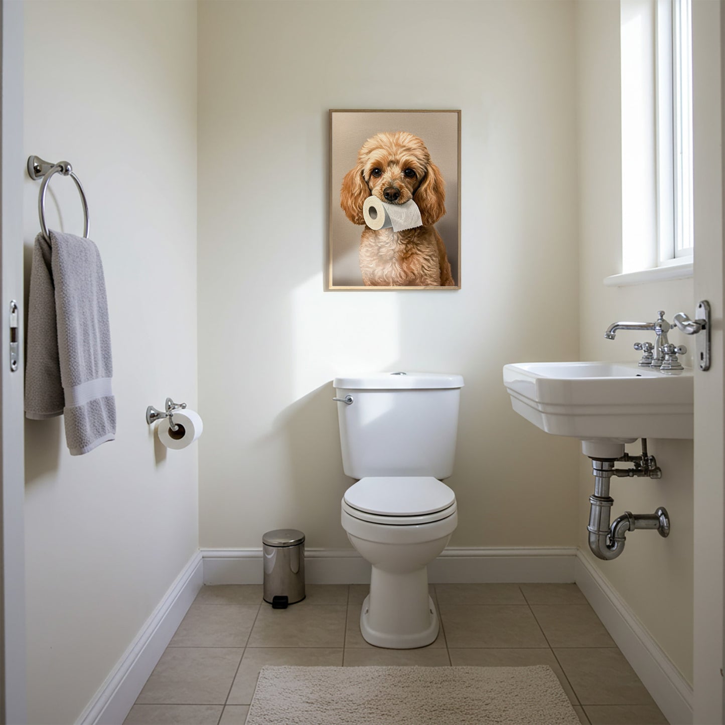 Poodle with toilet paper roll in mouth, Toilet Humor, Cream Poodle Gifts, Bathroom Print, Dog Lover Gift, WC Wall Art, Framed Print