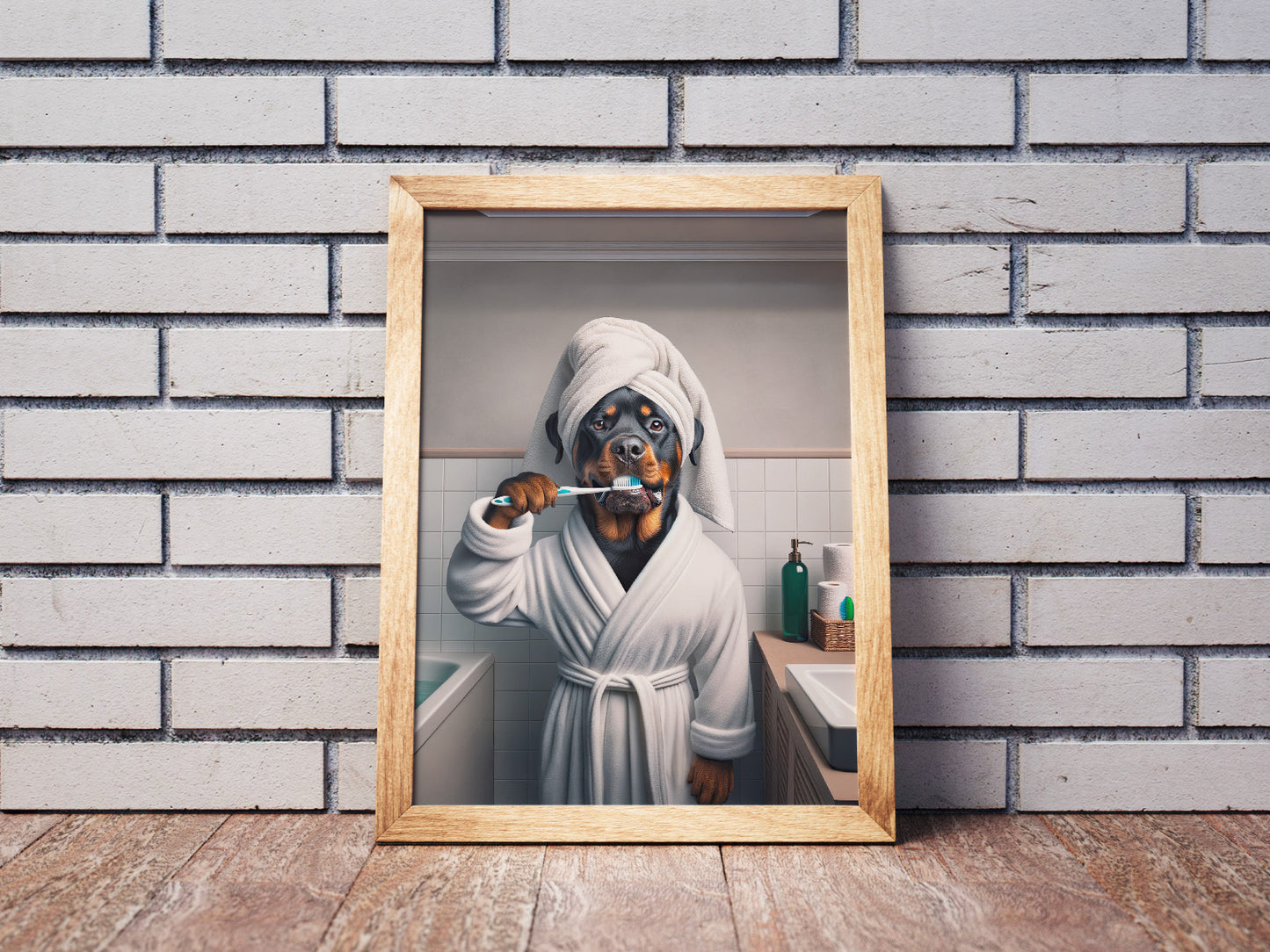 Portrait d'un Rottweiler se brossant les dents en peignoir, Cadre Salle de bain, Déco Humour, Poster SDB, Cadeau Fun, Affiche encadrée