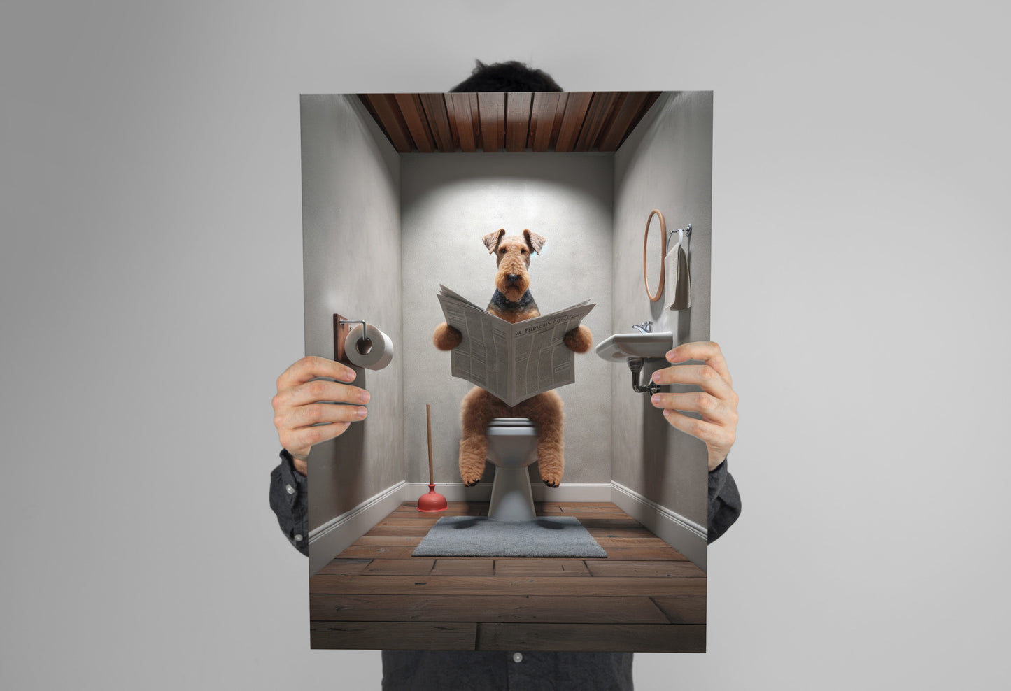 Airedale Terrier Reading Newspaper Poster - Fun Bathroom Decor, Unique WC Wall Art, Perfect Gift Idea