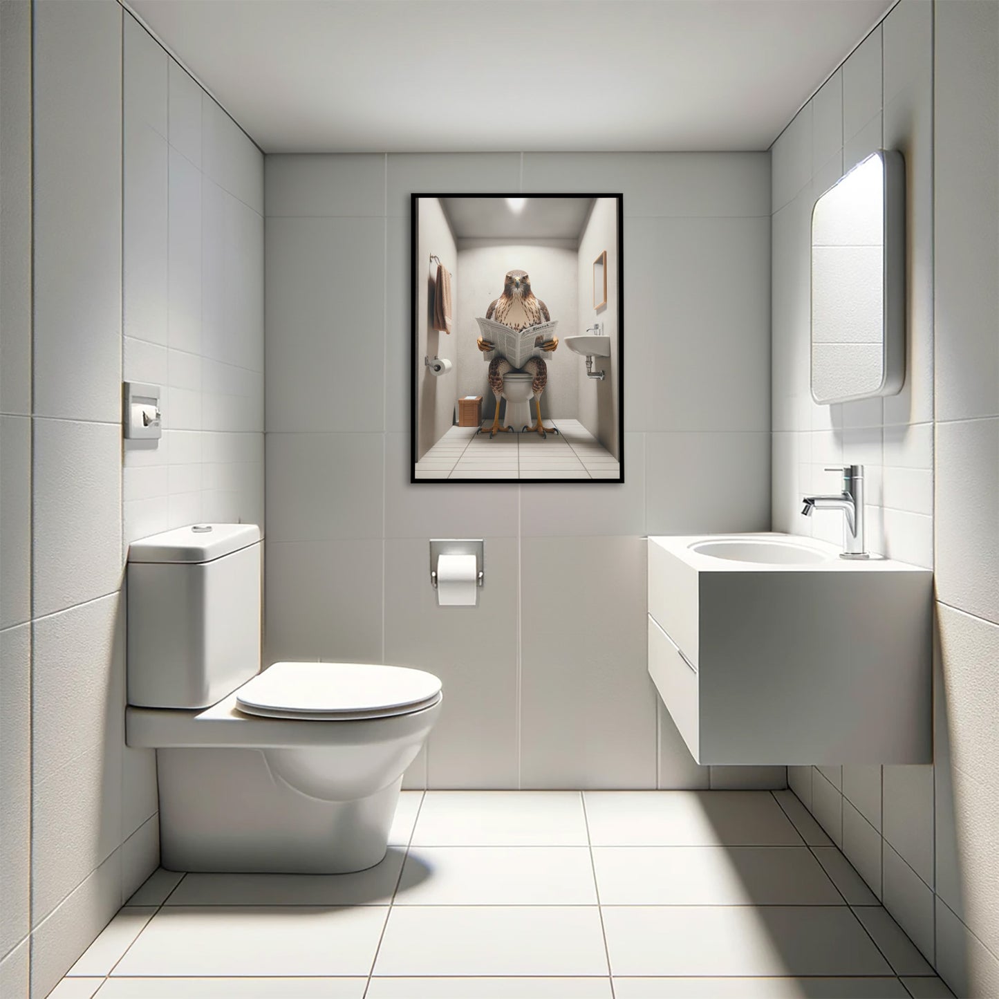 Funny Hawk Reading Newspaper Poster – Unique Bathroom Decor Wall Art, Perfect Gag Gift for Toilet or WC