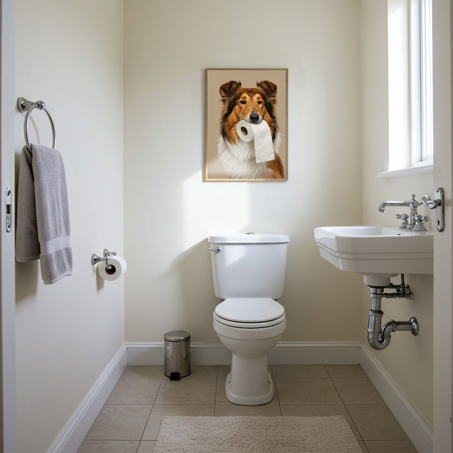 Colley mordant un rouleau de papier toilette, Humour Toilettes, Poster WC, Cadeau Colley, Affiche encadrée, Poster chien