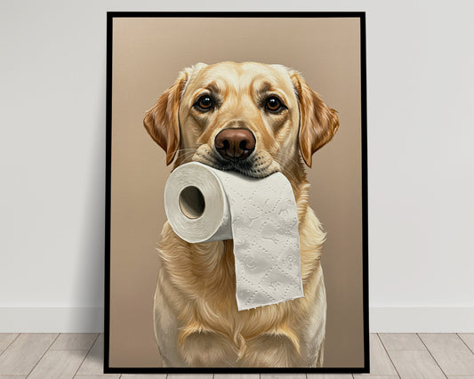 Poster Chien Labrador Sable Humour pour WC – Affiche Murale Décorative, Idée Cadeau Toilette, Encadrée ou Non, Art Mural Canin