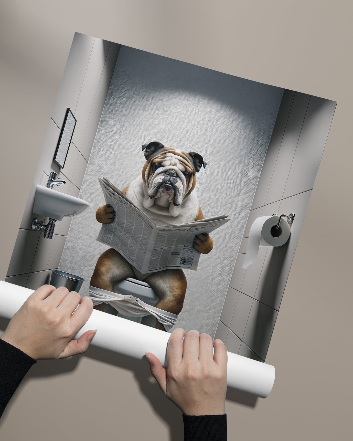 English Bulldog Reading Newspaper Poster – Fun Bathroom Decor, Unique WC Toilet Wall Art, Perfect Gift