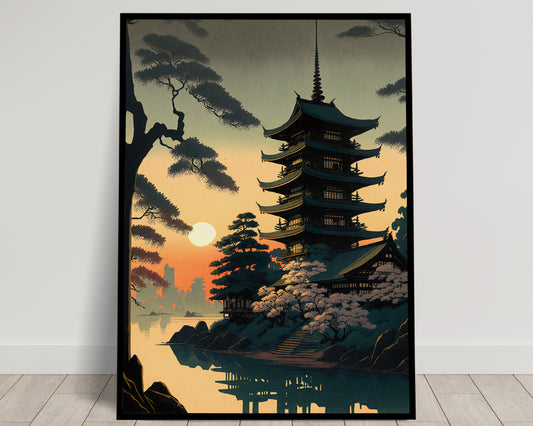 Japanese Temple Sunrise Poster, Japanese Art Style Decoration, Asian Nippon Wall Art, Beautiful Japanese Poster