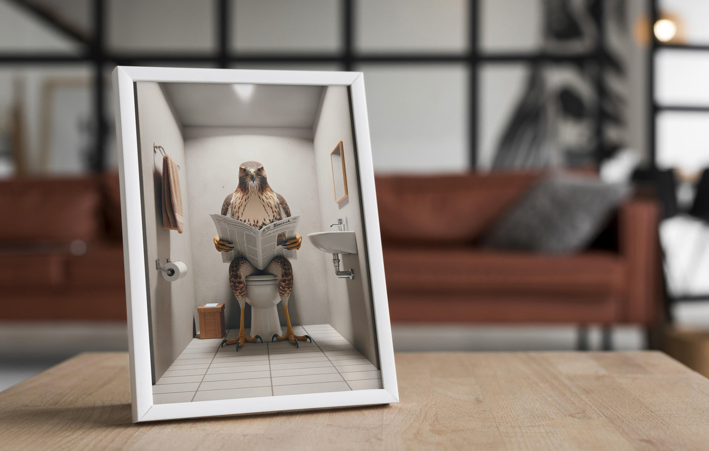 Funny Hawk Reading Newspaper Poster – Unique Bathroom Decor Wall Art, Perfect Gag Gift for Toilet or WC