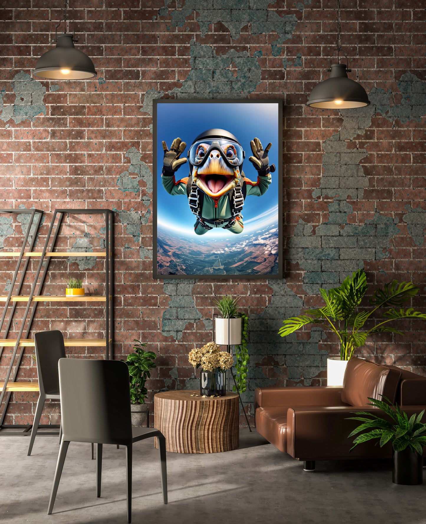 Affiche Tortue Saut en Parachute - Poster Animal Skydiving - Décor Murale Sport Extrême - Idée Cadeau Originale