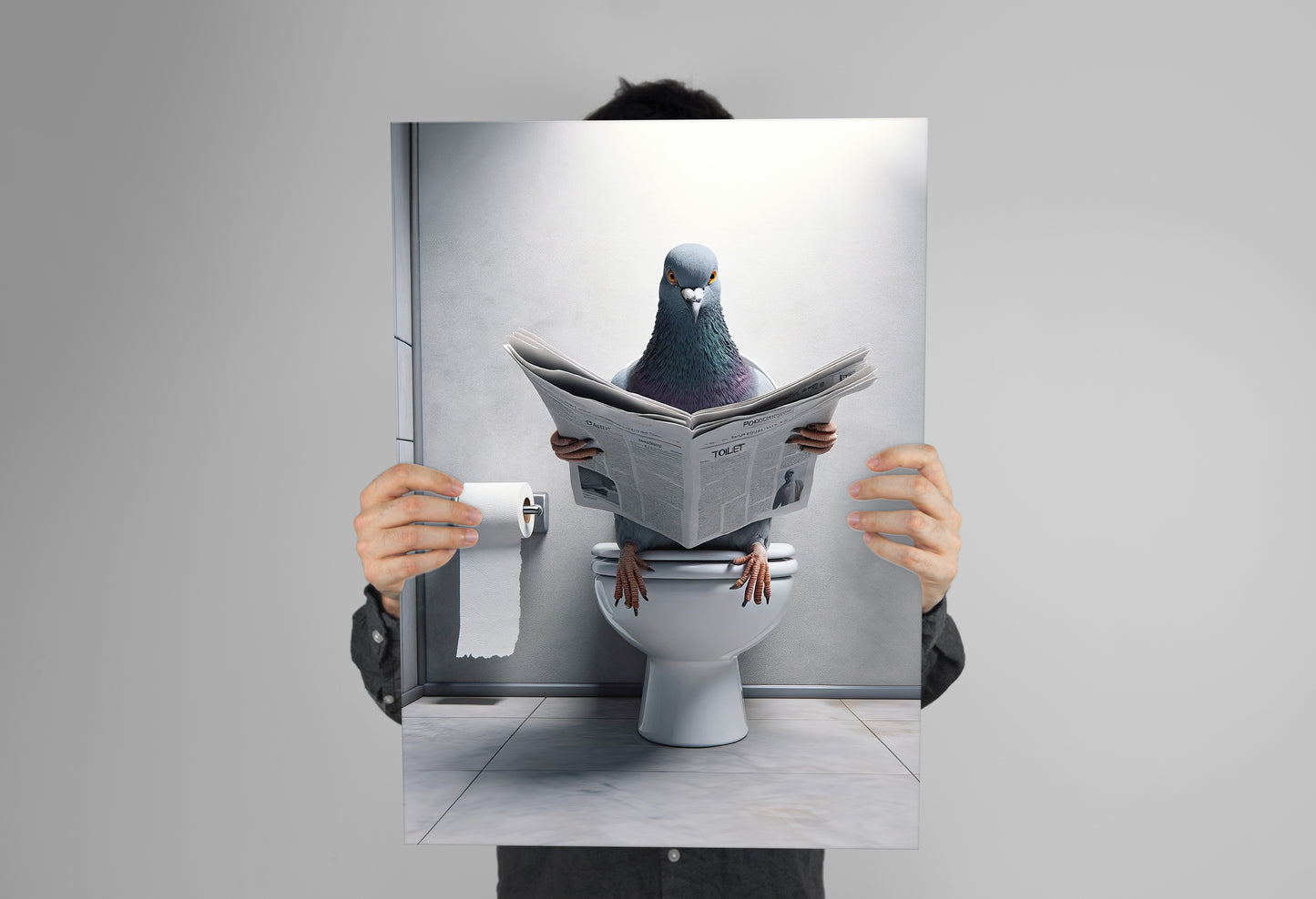 Funny Bathroom Wall Art - Pigeon Reading Newspaper Poster | Unique WC Toilet Decor | Humorous Gift Idea