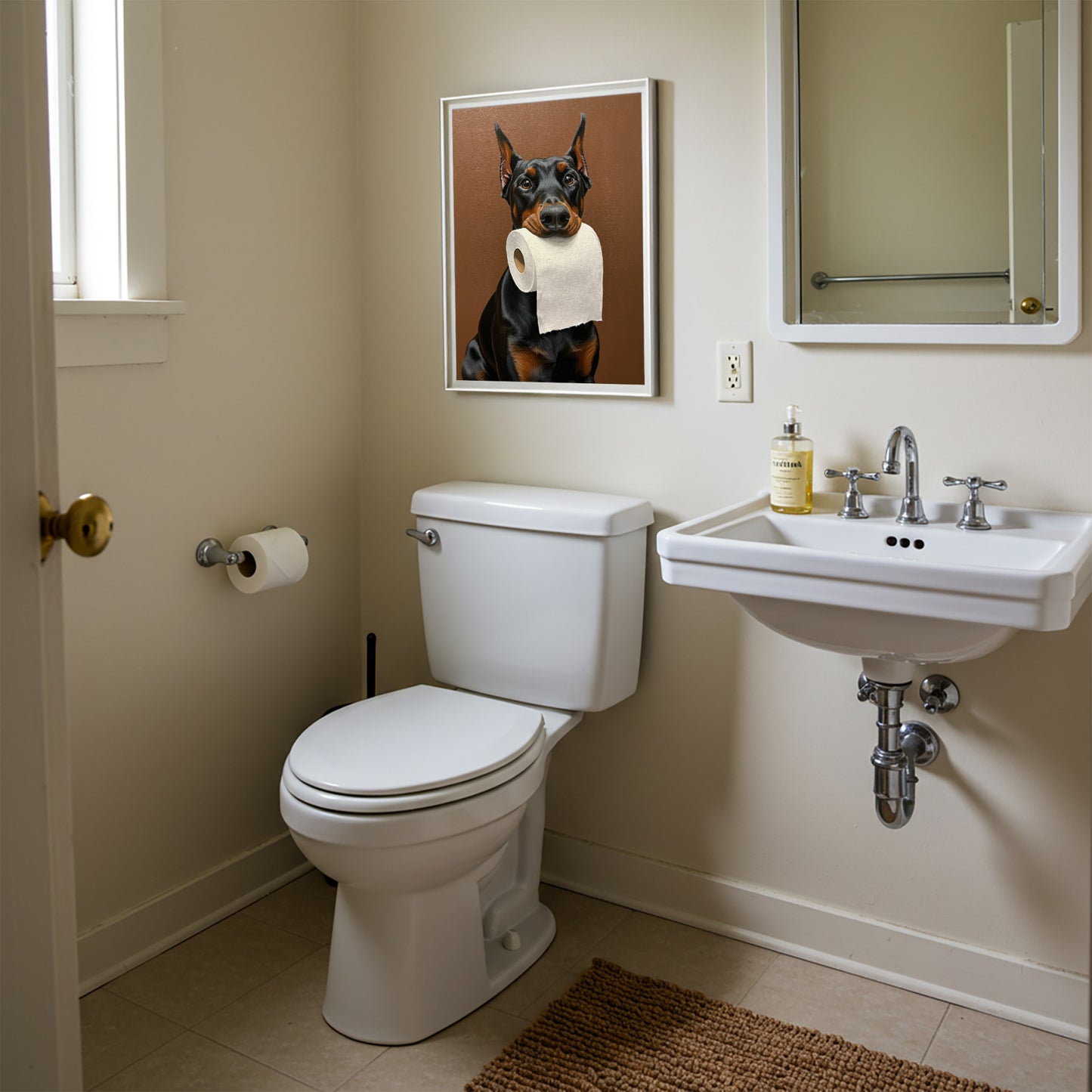 Dobermann Pinscher mordant un rouleau de papier toilette, Humour Toilettes, Poster WC, Cadeau Dobermann, Affiche encadrée, Poster chien