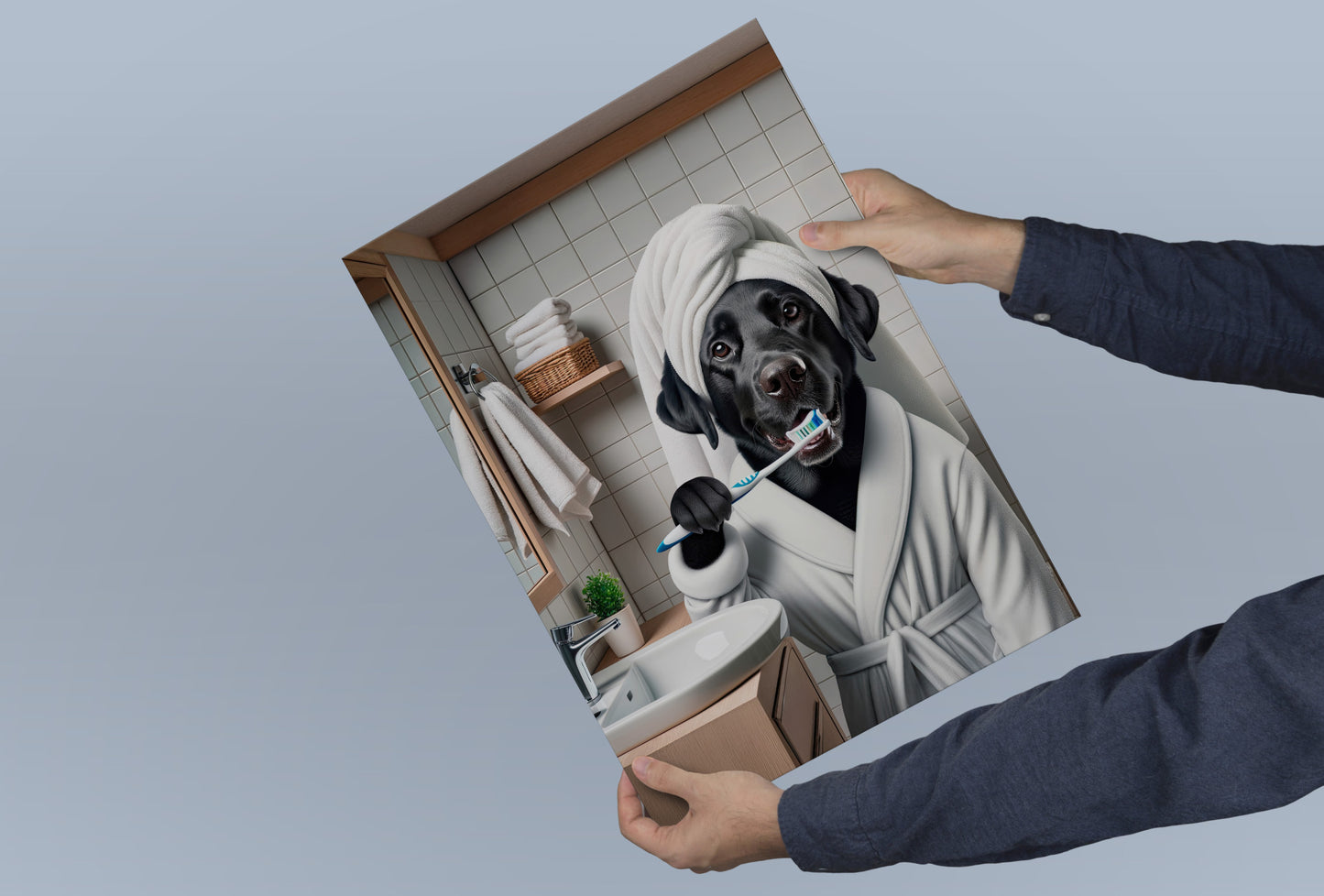 Portrait of a Labrador Brushing Teeth in Bathrobe – Funny Dog Bathroom Decor, Cute Poster, Labrador Print, Labrador Gift, Framed art