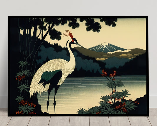 Elegant Japanese Crane Poster at Sunset - Asian Art Wall Decor with Lake and Mountain Scenery - Frameable Oriental Poster