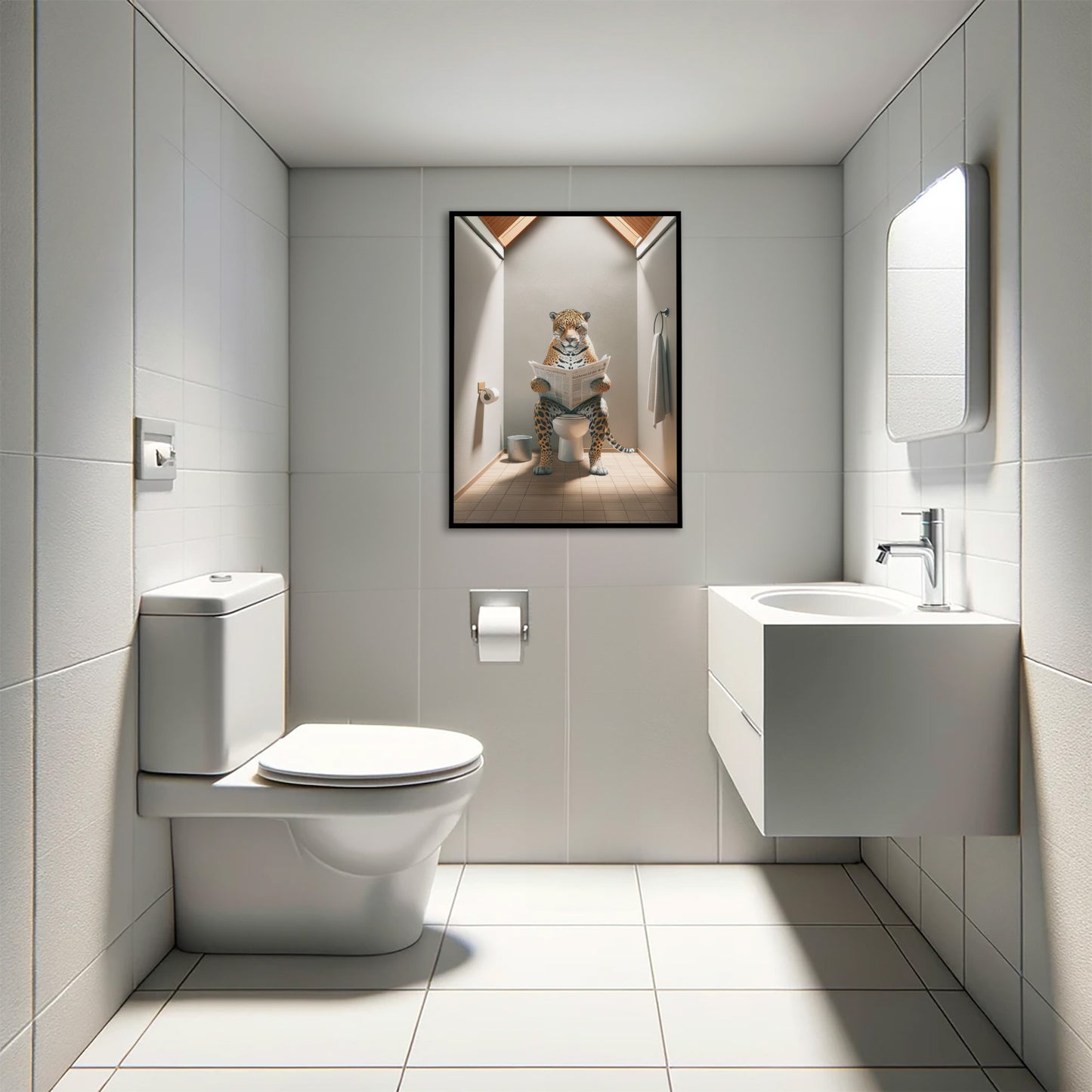 Poster Jaguar lisant le journal, Humour Salle de Bain, Décoration WC, Cadre Amusant, Art Toilettes, Idée Cadeau Originale