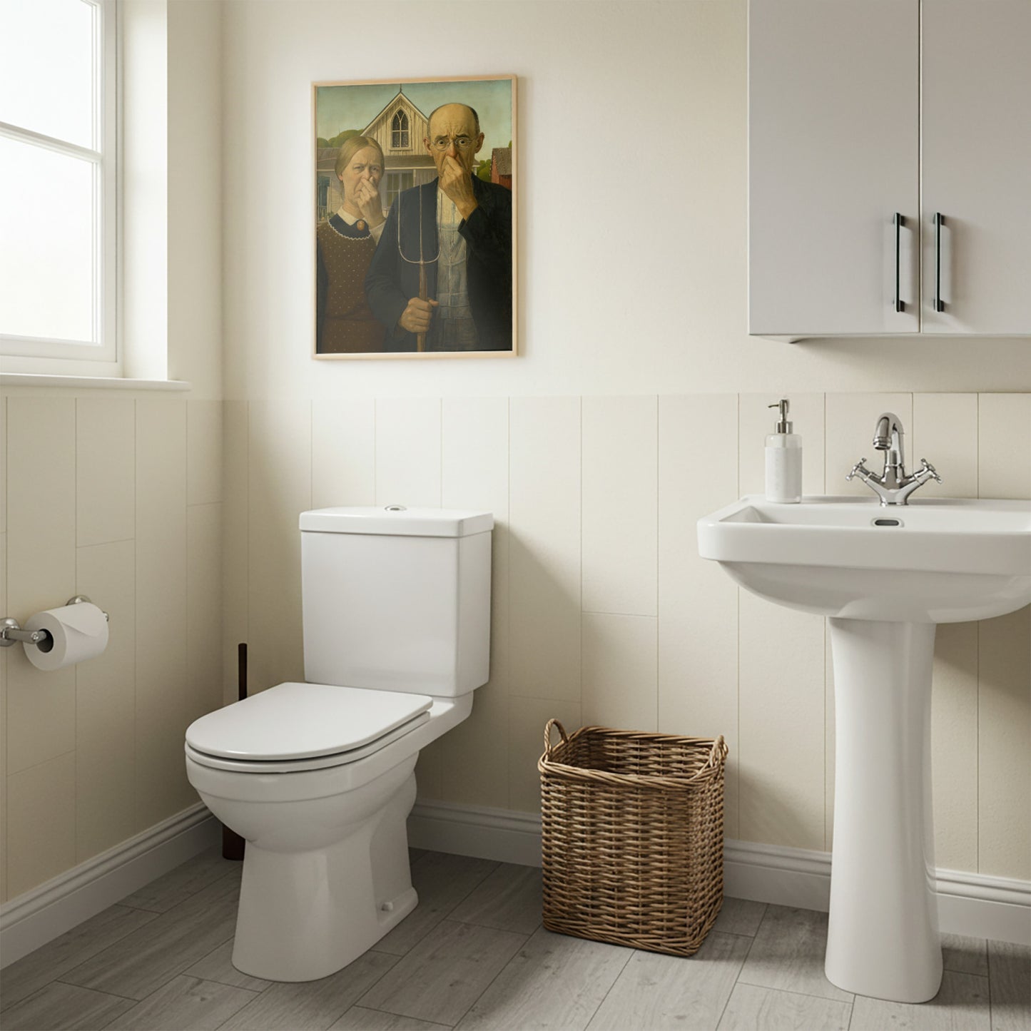 Funny Bathroom Poster – Quirky Restroom Wall Art, American Gothic Parody, Toilet Humor Decor, Unique Framed Gift for Home