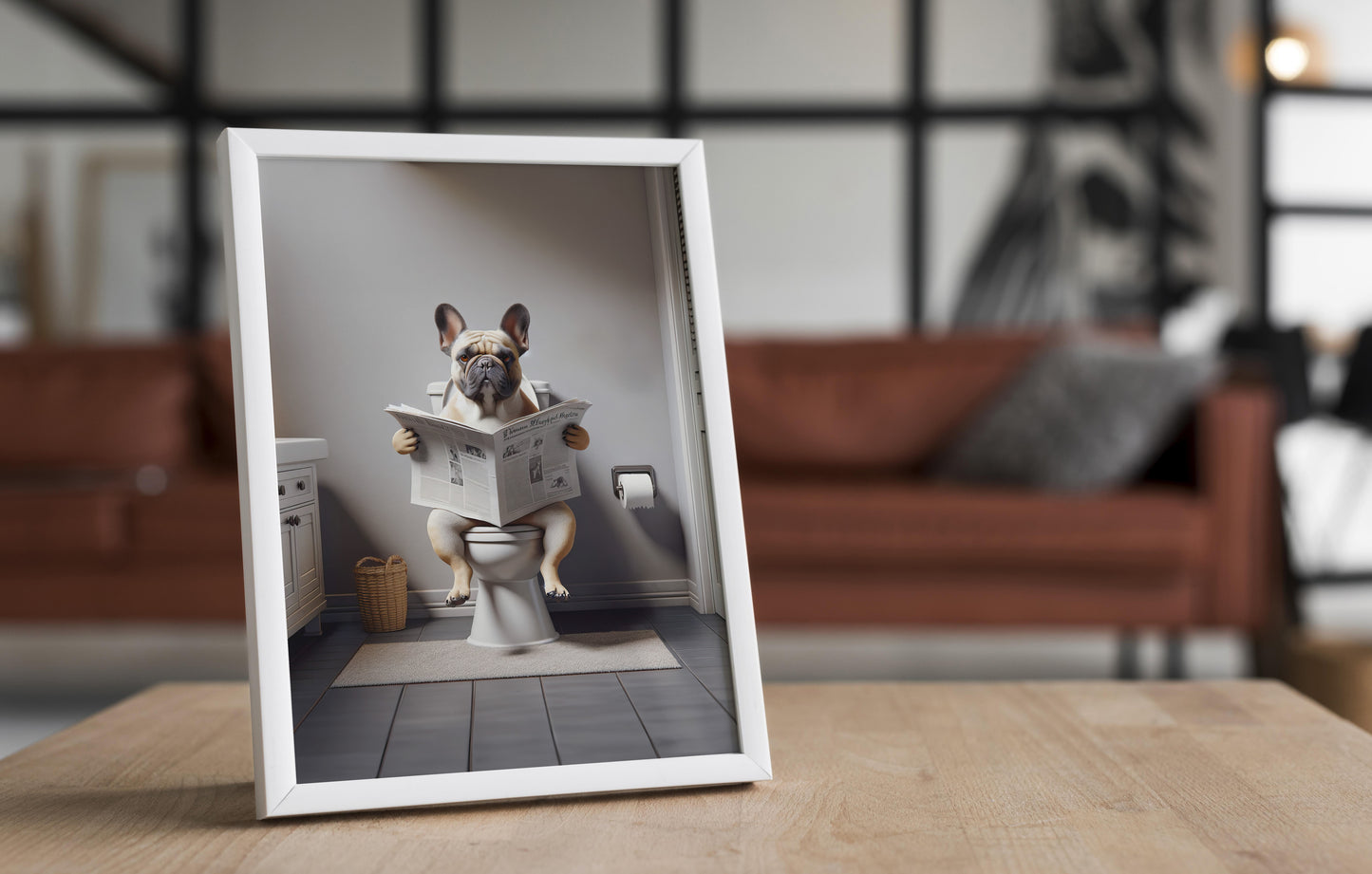Funny French Bulldog Reading Newspaper Poster – Bathroom Wall Art Decor, Gag Gift for WC/Toilet