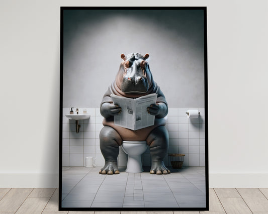 Poster Humour : Hippopotame Lisant aux Toilettes - Décoration WC Amusante - Cadre Déco Salle de Bain - Cadeau Original