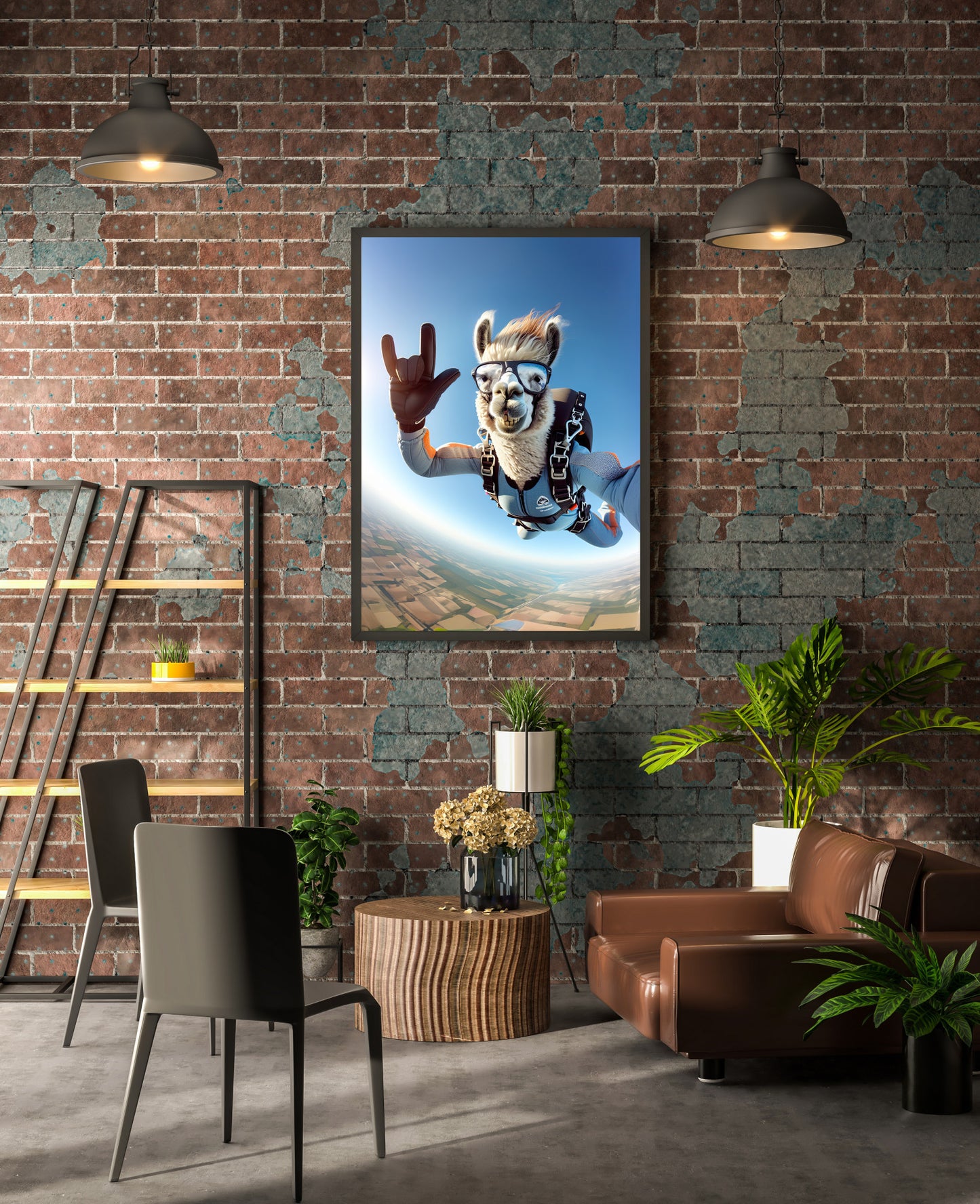 Affiche murale Lama en chute libre - Poster Animal Skydiving, Décoration Sport Extrême, Idée Cadeau Unique