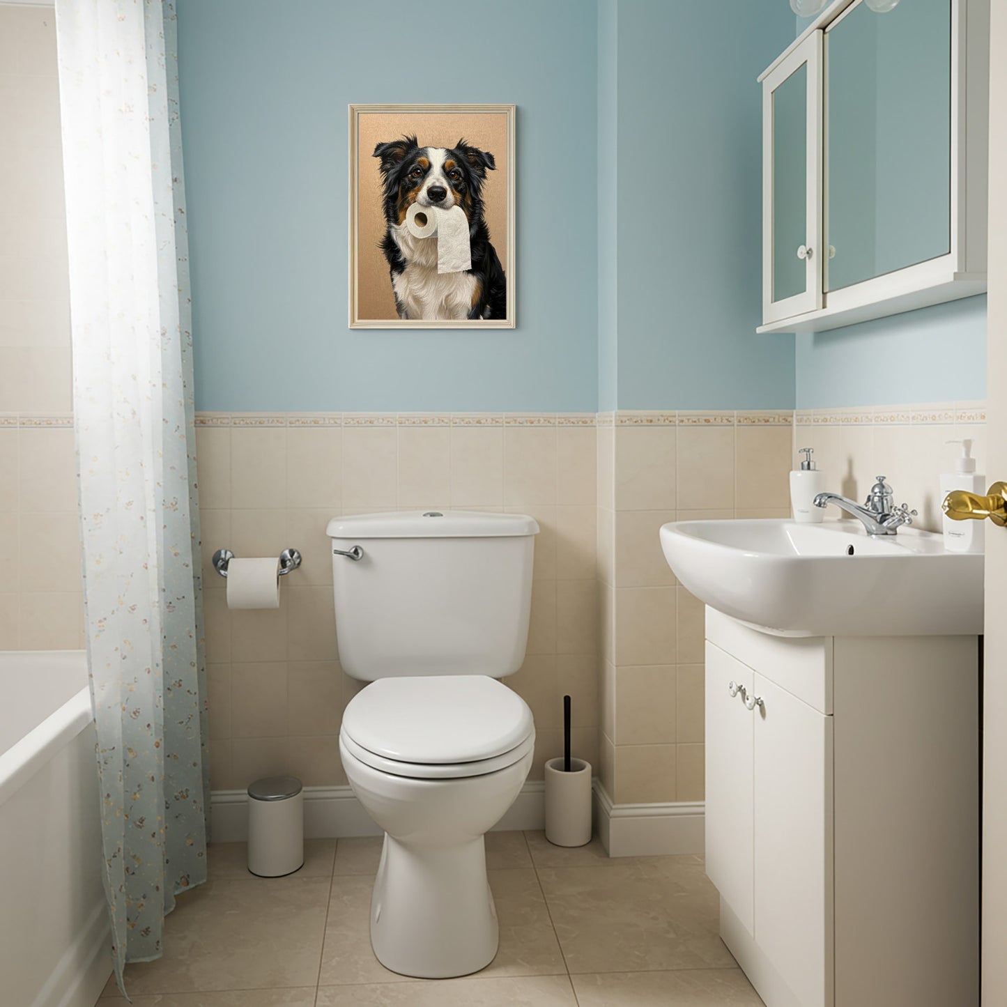 Border Collie with toilet paper roll in mouth, Toilet Humor, Border Gifts, Bathroom Print, Dog Lover Gift, WC Wall Art, Framed Print