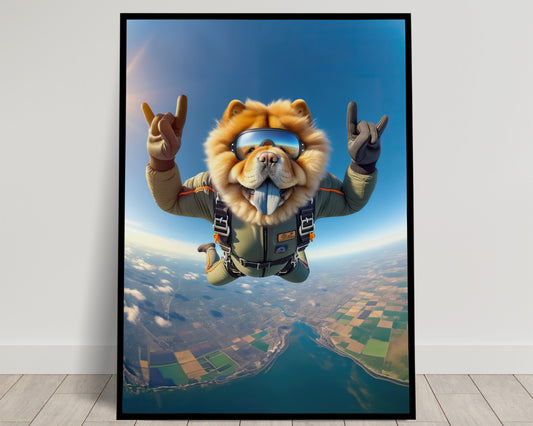 Epic Skydiving Chow Chow Poster - Unique Animal Wall Art Decor, Extreme Sport Dog Lover Gift