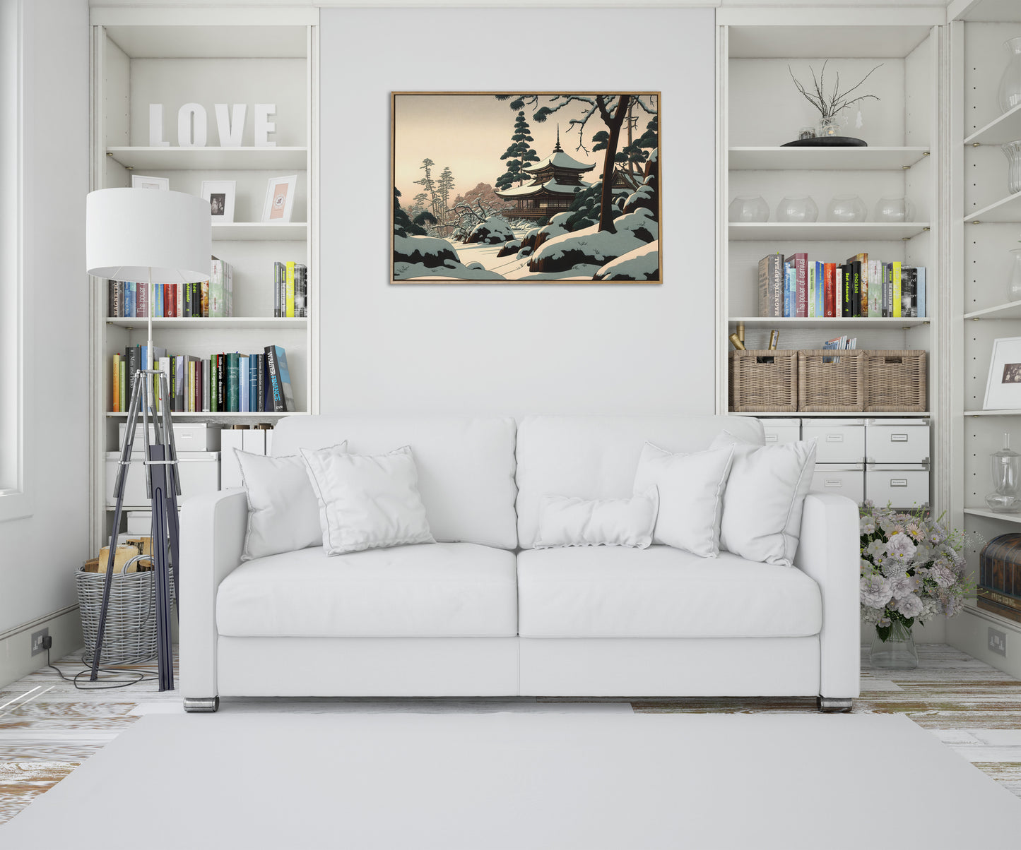 Poster Temple Japonais sous la Neige, Décoration Murale, Illustration Art Japonais, Paysage Montagne à Encadrer
