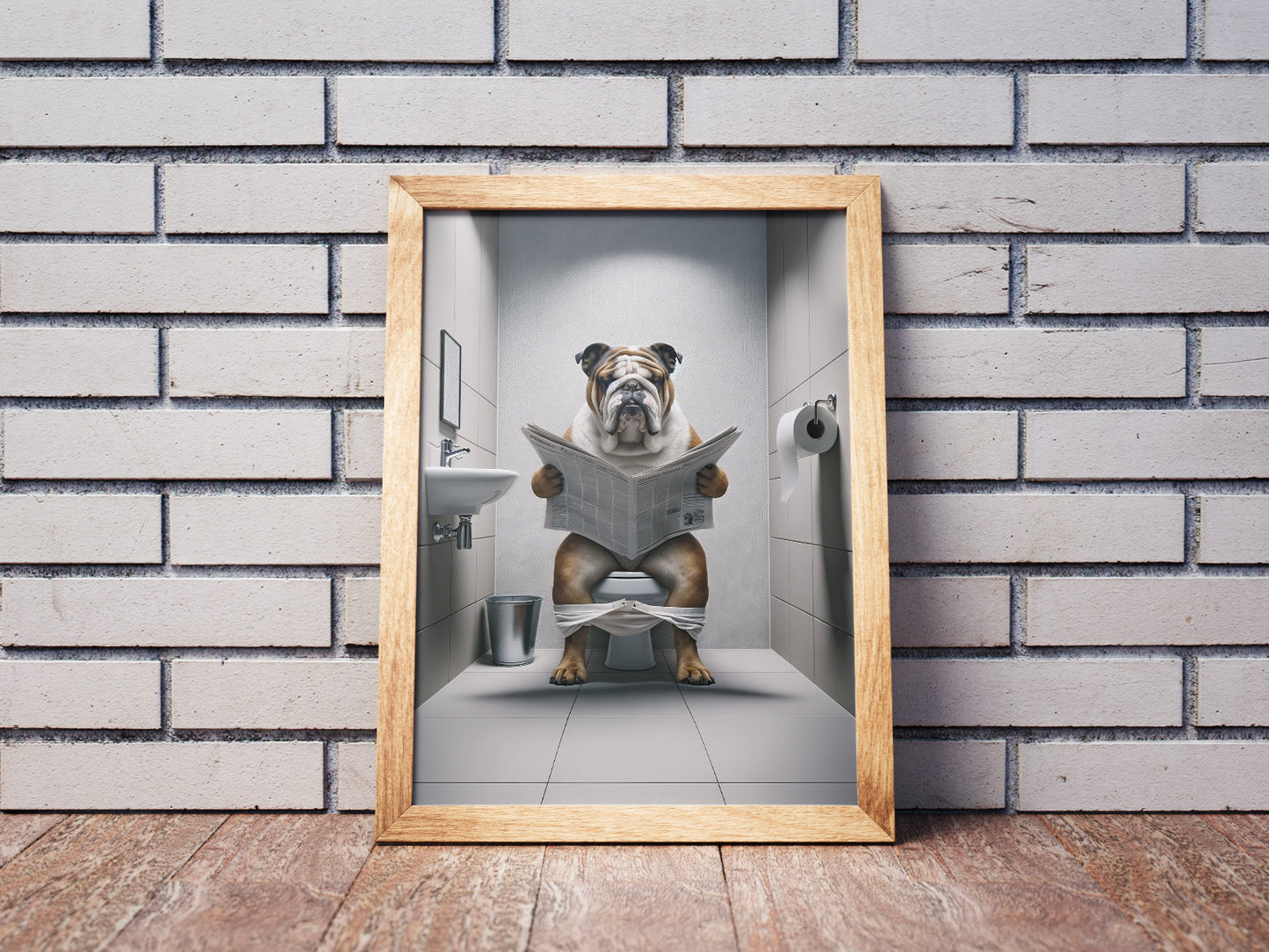 English Bulldog Reading Newspaper Poster – Fun Bathroom Decor, Unique WC Toilet Wall Art, Perfect Gift