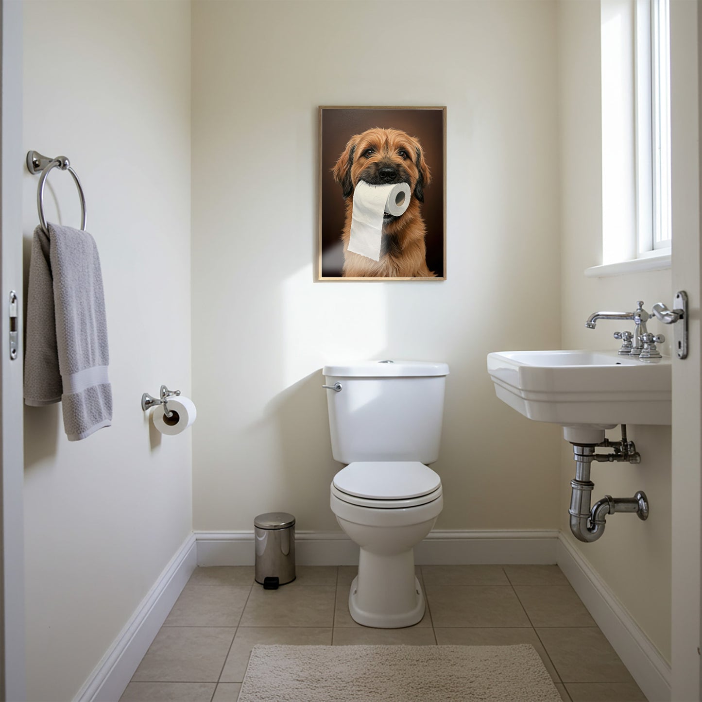 Berger de Brie mordant un rouleau de papier toilette, Humour Toilettes, Poster WC, Cadeau Briard, Affiche encadrée, Poster chien