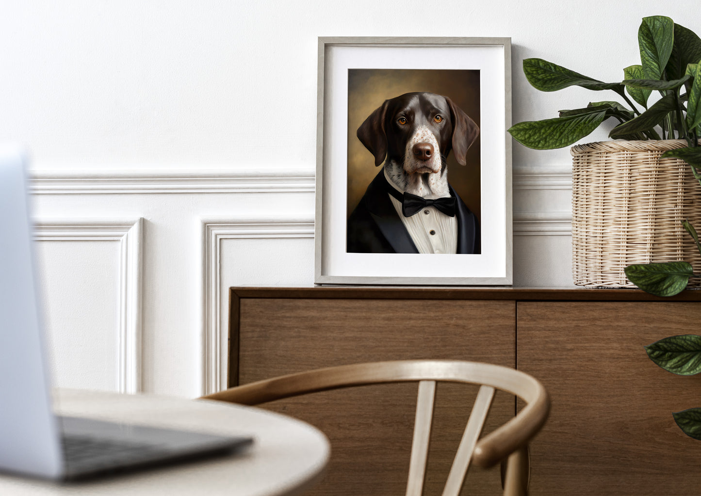 Chic Dog Poster - Short-haired Pointer in Tuxedo Portrait | Humorous Wall Art Print