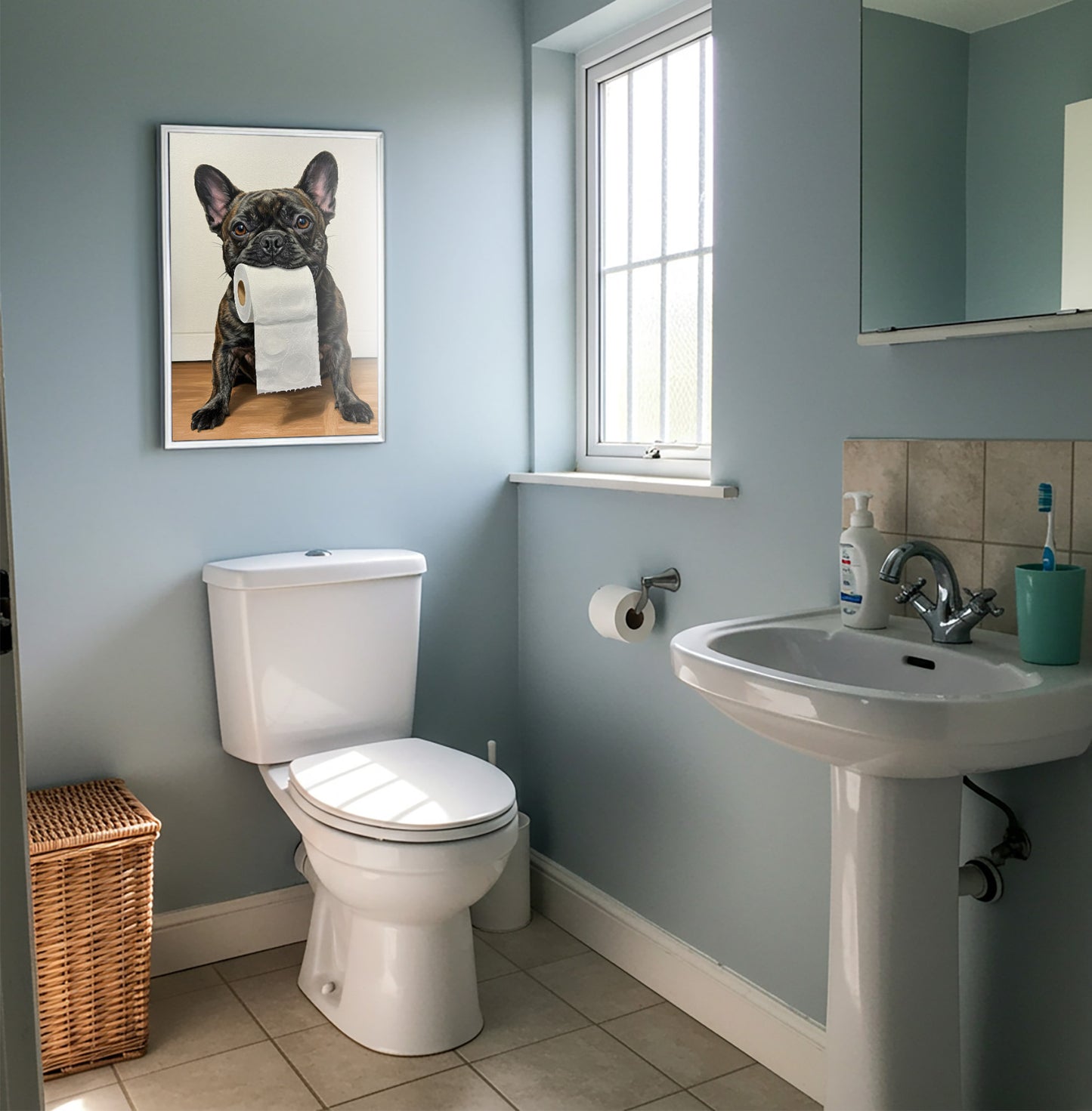 Bouledogue français bringé mordant un rouleau de papier toilette, Humour Toilettes, Poster WC, Cadeau Bulldog, Affiche encadrée, Poster
