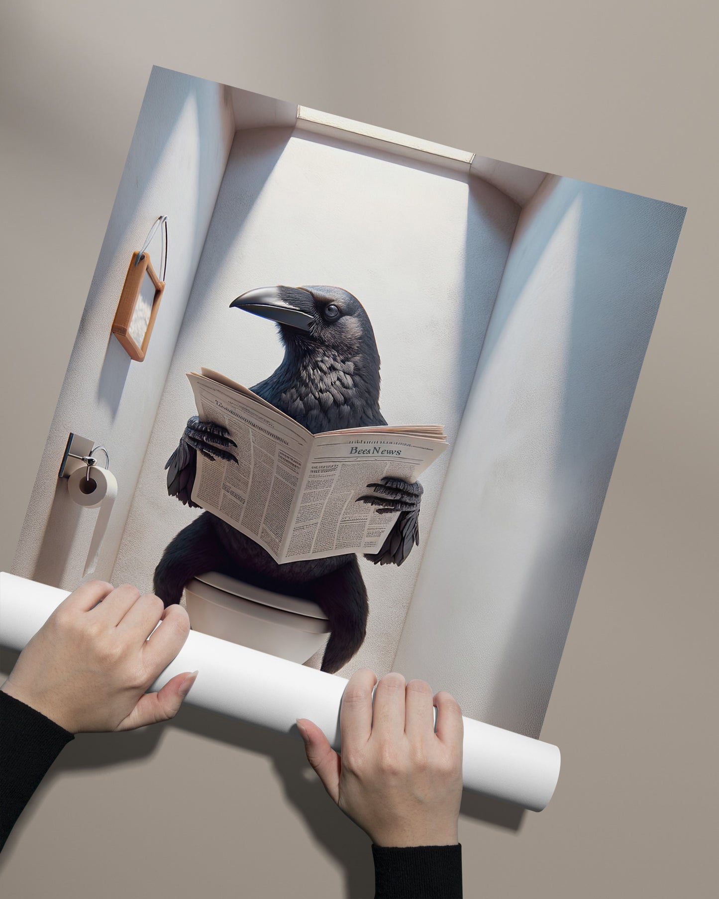 Poster Humour Corneille lisant le journal sur toilettes, Décoration Salle de Bain, Cadeau Amusant, Art Mural WC