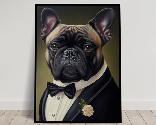Chic French Bulldog Poster in Tuxedo - Humorous Wall Art Print - Elegant Dog Portrait Decor