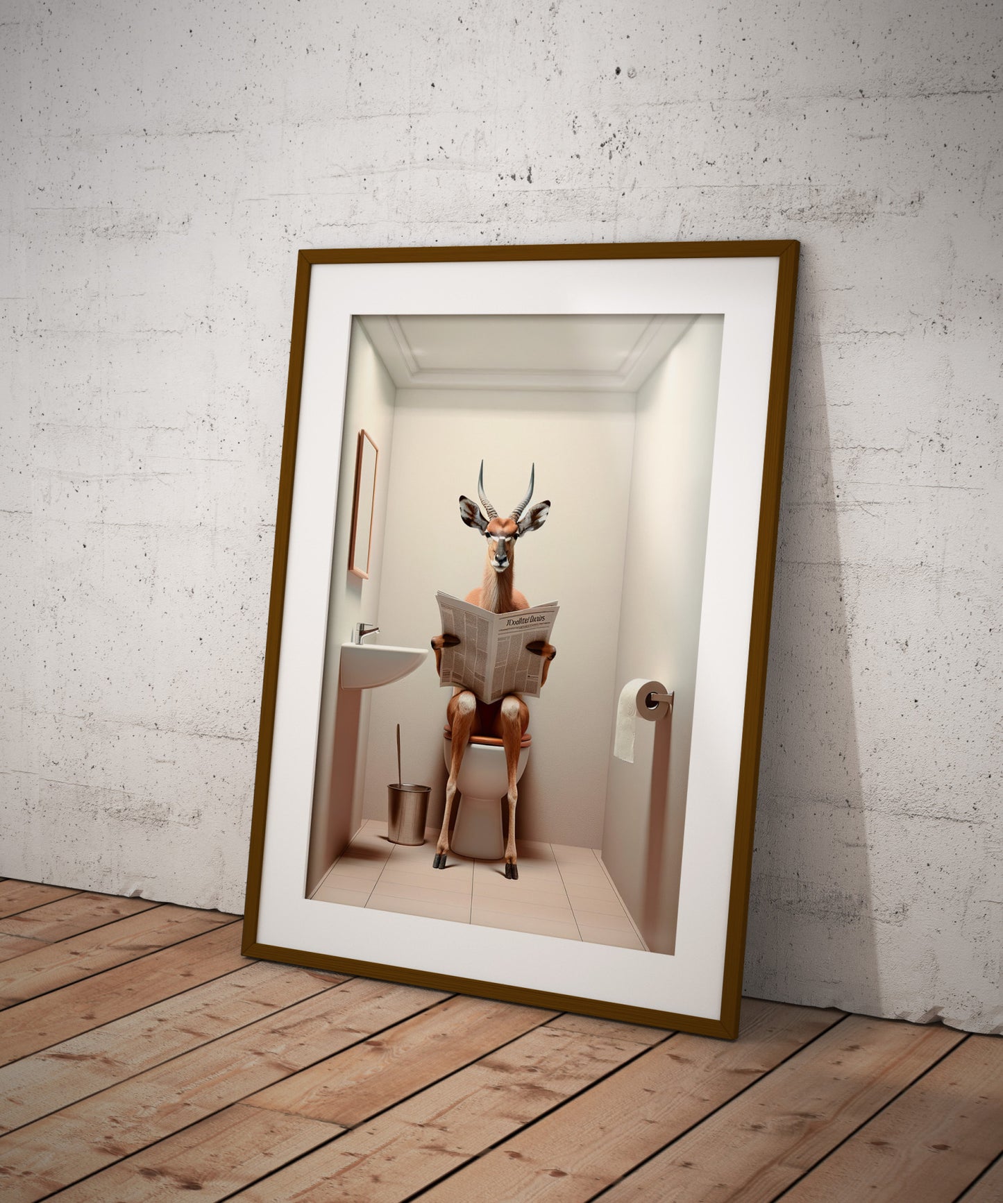 Poster Humour : Antilope lisant le journal, Décoration Fun Salle de Bain, Art Mural WC, Idée Cadeau Originale