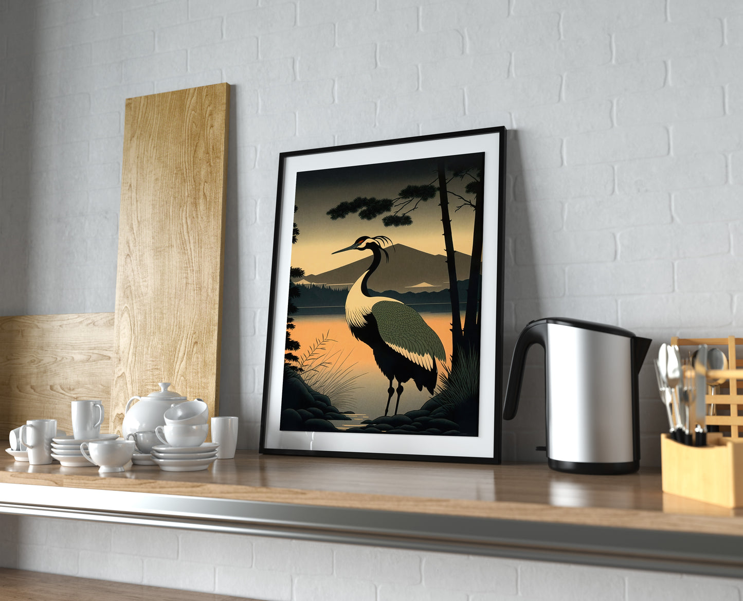 Japanese Crane at Sunrise Poster - Asian Art, Wall Decoration, Japanese Style Print, Elegant Home Decor