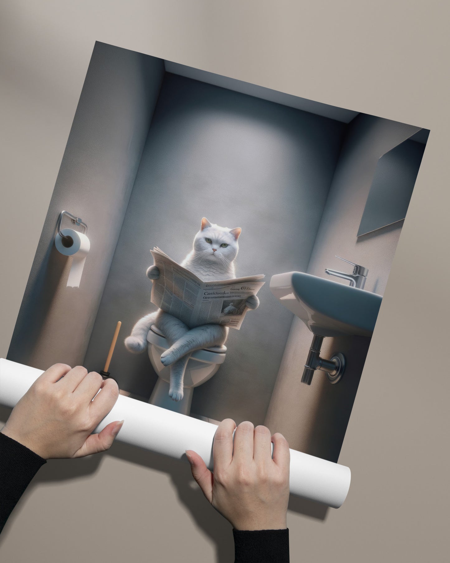"Funny Bathroom Wall Art: White British Shorthair Cat Poster – Unique WC Toilet Decor & Gag Gift"
